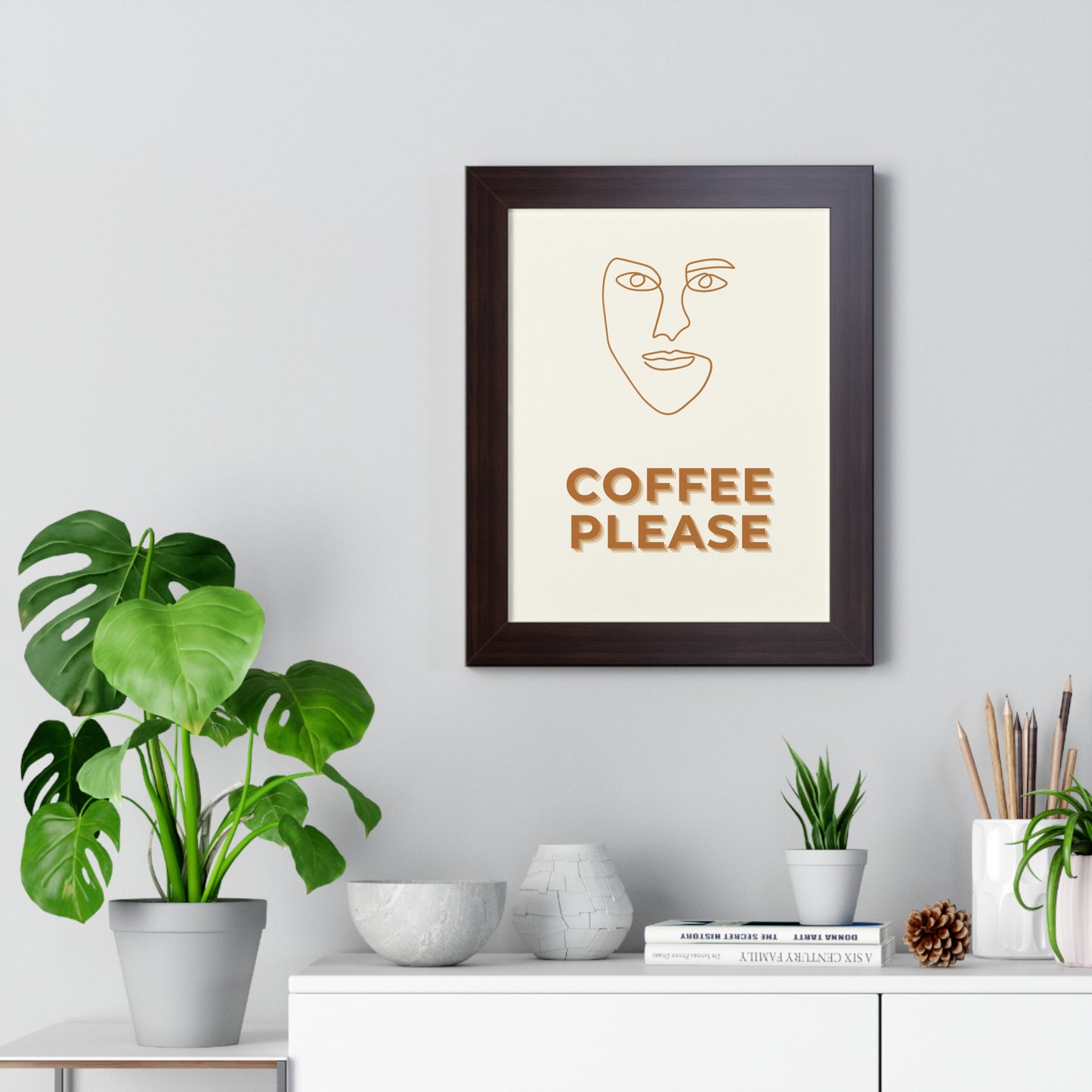 Abstract Face Line Art Coffee Print | Modern Cafe Decor Artwork | XCalibre Designs | Framed Vertical Poster