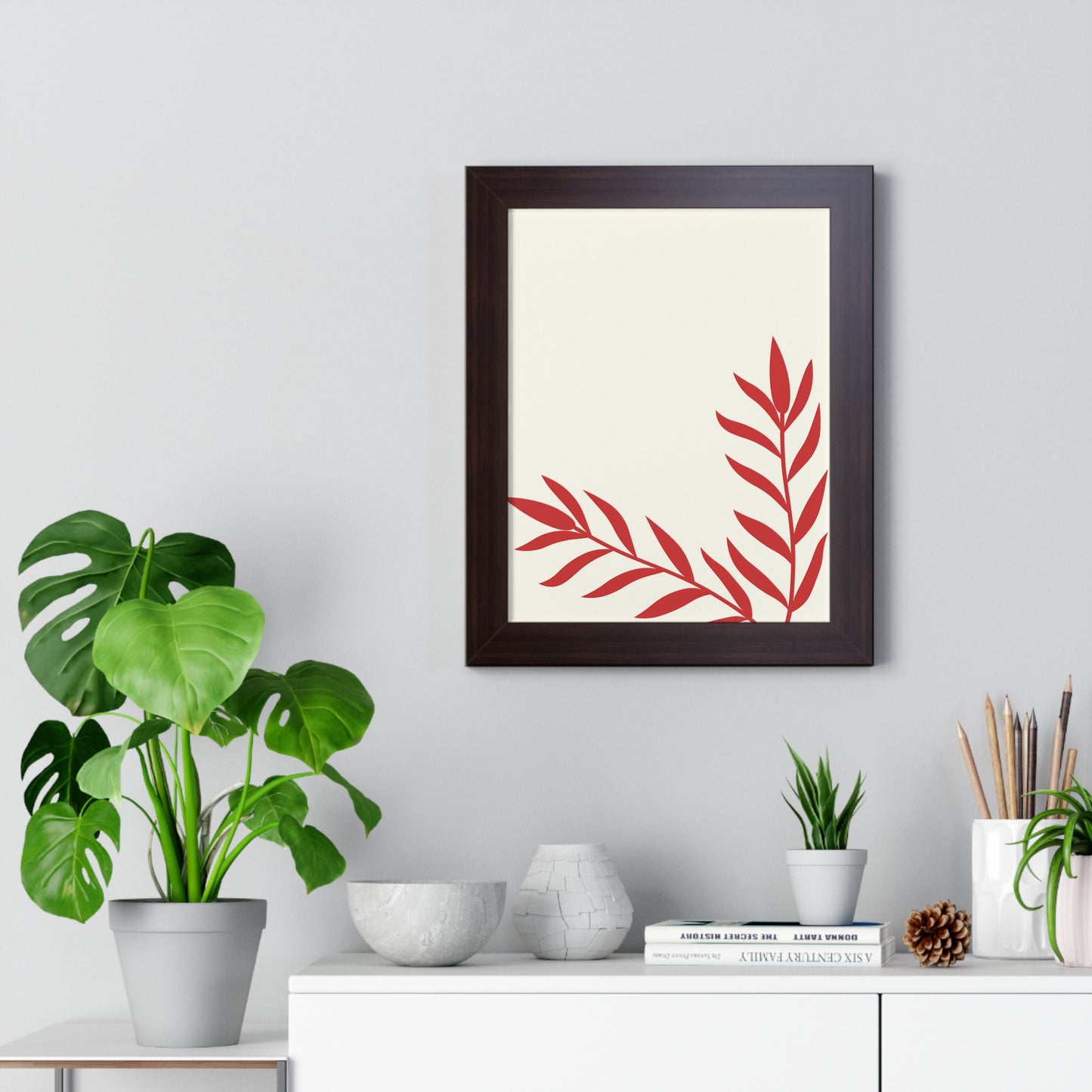Minimalist Red Fern Leaf Art Print | Modern Botanical Wall Decor | XCalibre Designs | Framed Vertical Poster