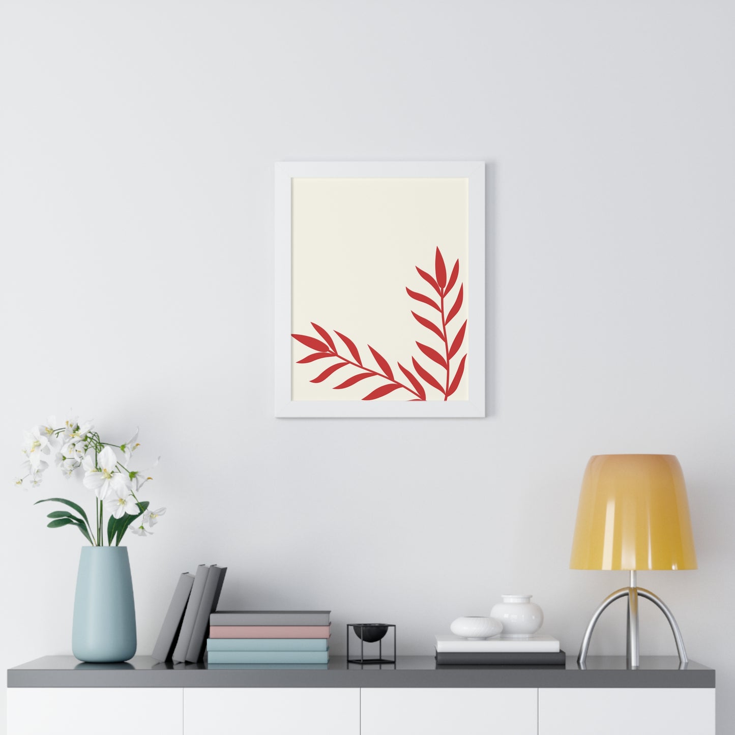 Minimalist Red Fern Leaf Art Print | Modern Botanical Wall Decor | XCalibre Designs | Framed Vertical Poster