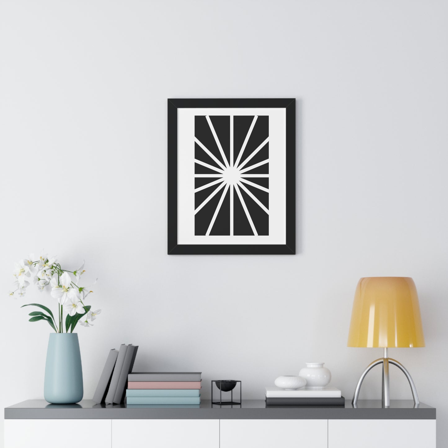 Black and White Starburst Art Print | Modern Abstract Radiant Wall Art | XCalibre Designs | Framed Vertical Poster