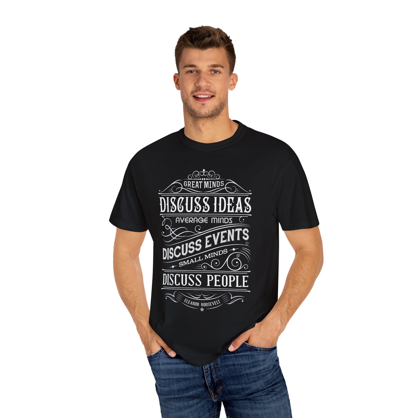 Philosophical Quote T-Shirt | 'Great Minds Discuss Ideas' Olive Green Tee | XCalibre Designs