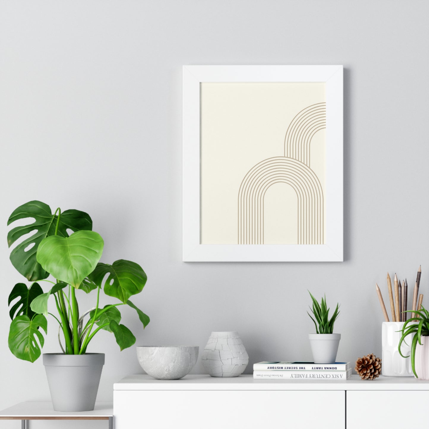 Minimalist Beige Arch Line Art Print | Contemporary Geometric Wall Art | XCalibre Designs | Framed Vertical Poster