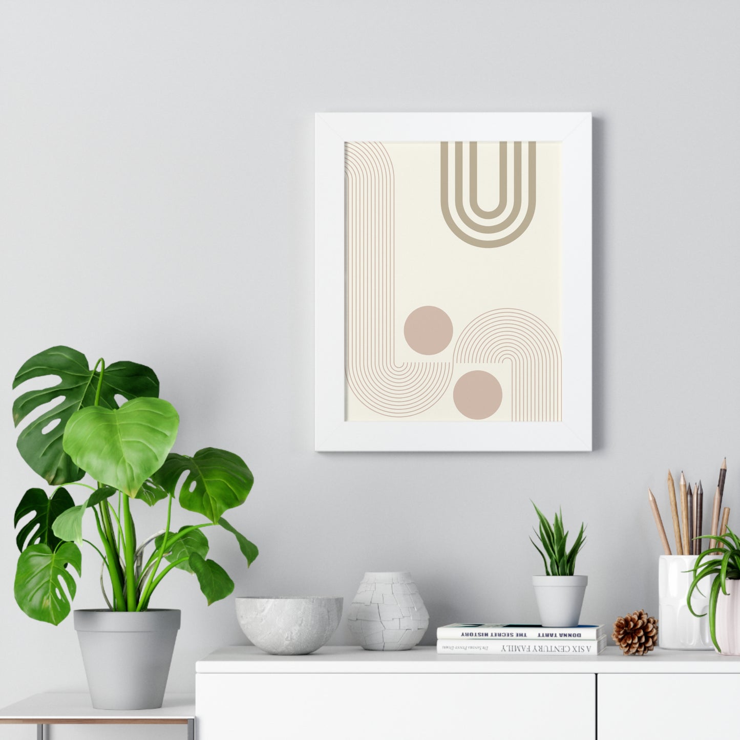 Neutral Abstract Lines and Circles Art Print | Modern Minimalist Wall Art | XCalibre Designs | Framed Vertical Poster