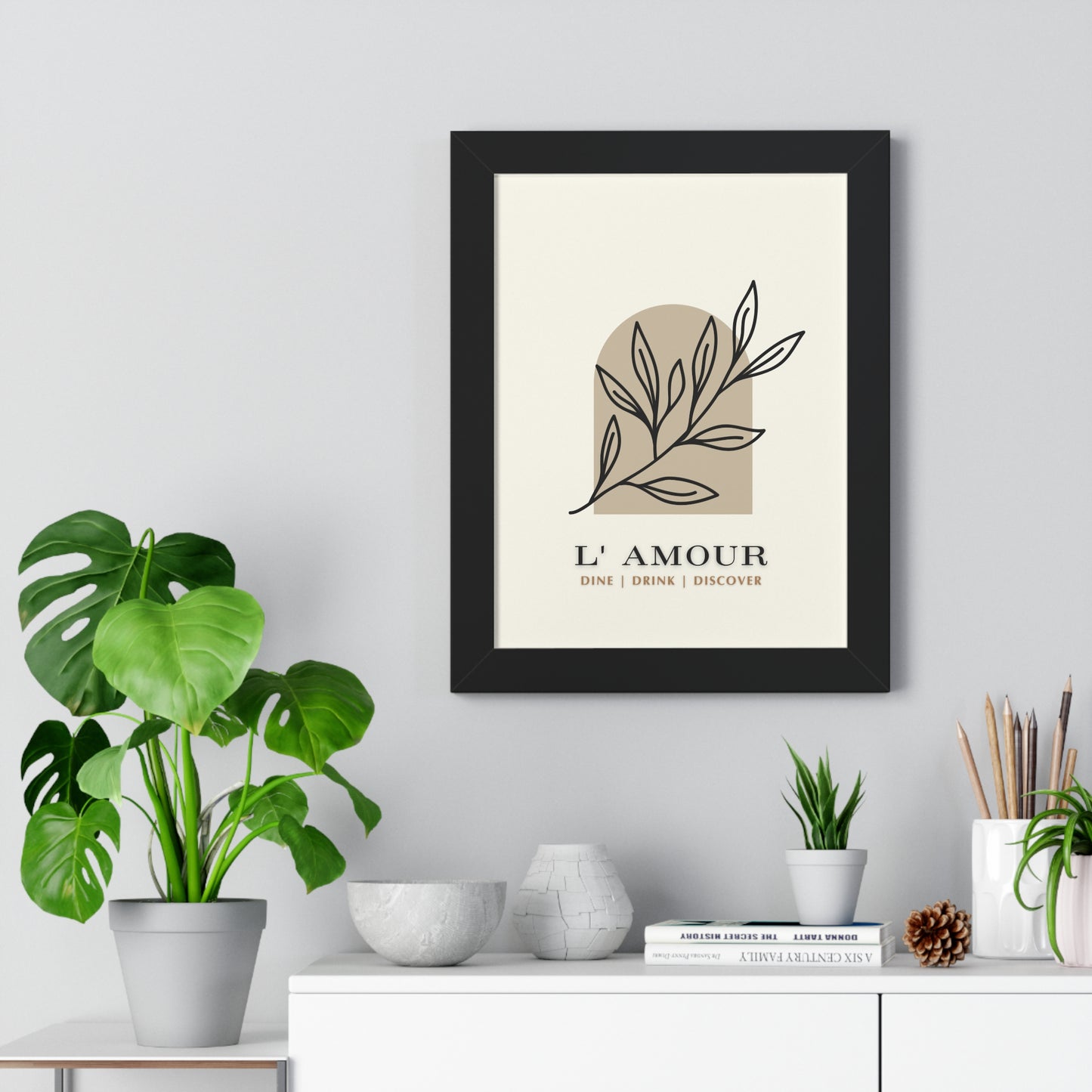 Chic 'L'Amour' Botanical Print | Sophisticated Leaf Silhouette Art | XCalibre Designs | Framed Vertical Poster