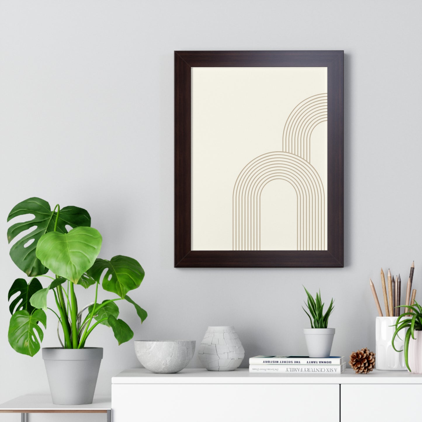 Minimalist Beige Arch Line Art Print | Contemporary Geometric Wall Art | XCalibre Designs | Framed Vertical Poster