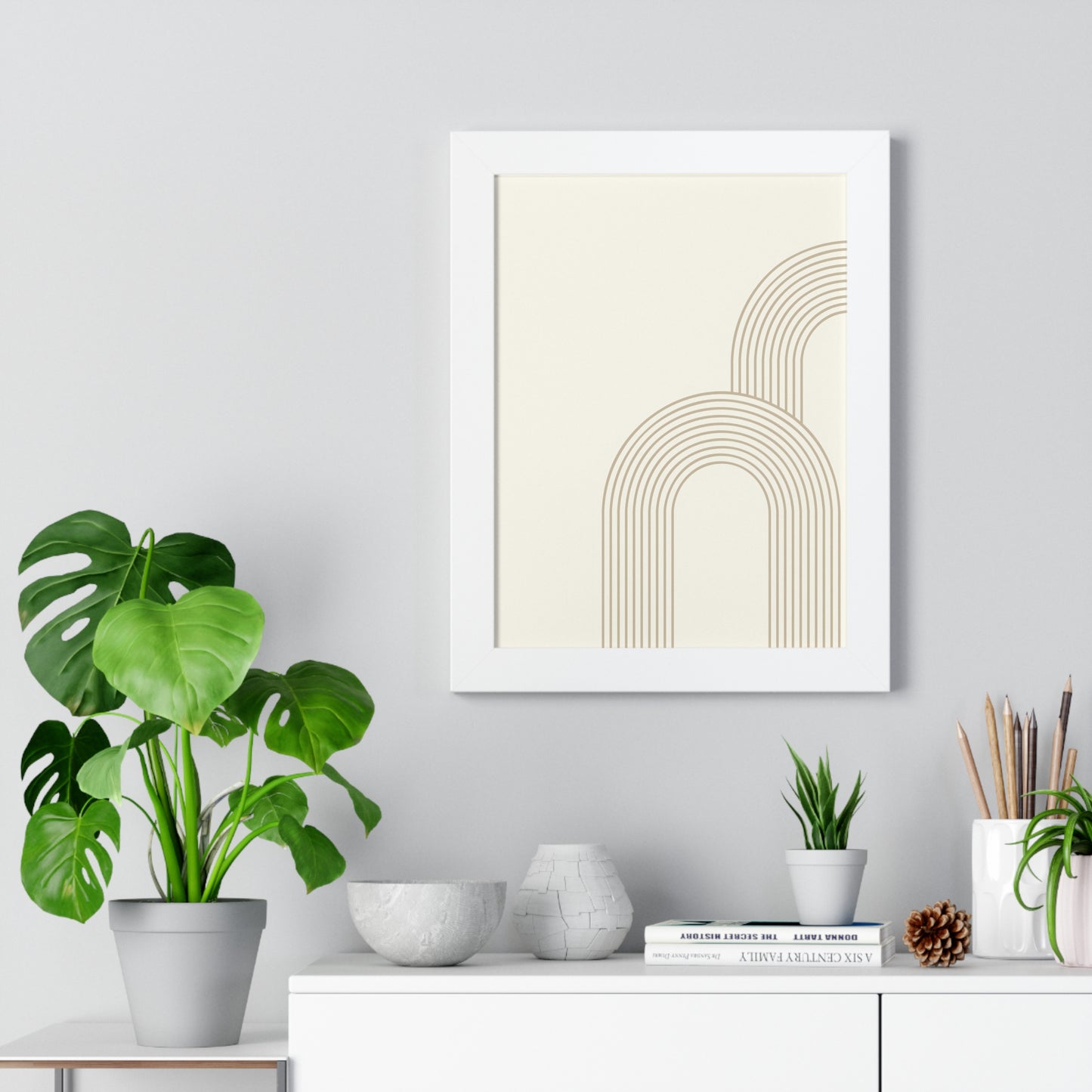 Minimalist Beige Arch Line Art Print | Contemporary Geometric Wall Art | XCalibre Designs | Framed Vertical Poster