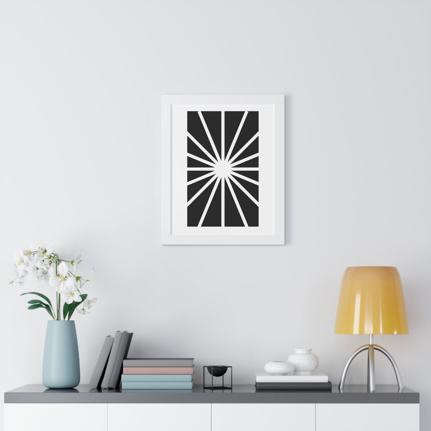 Black and White Starburst Art Print | Modern Abstract Radiant Wall Art | XCalibre Designs | Framed Vertical Poster