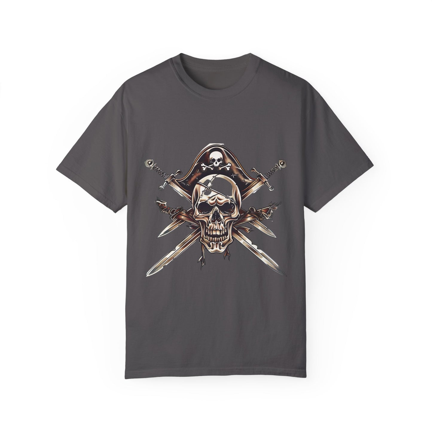 Pirate Skull and Crossed Swords Graphic Tee | Edgy Black Crew Neck T-Shirt | XCalibre Designs