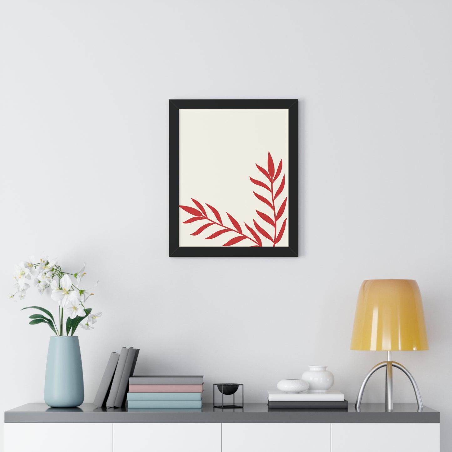 Minimalist Red Fern Leaf Art Print | Modern Botanical Wall Decor | XCalibre Designs | Framed Vertical Poster