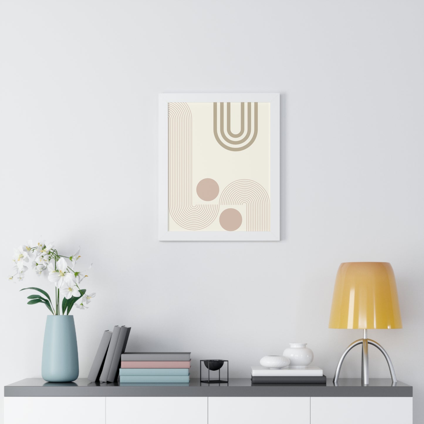 Neutral Abstract Lines and Circles Art Print | Modern Minimalist Wall Art | XCalibre Designs | Framed Vertical Poster