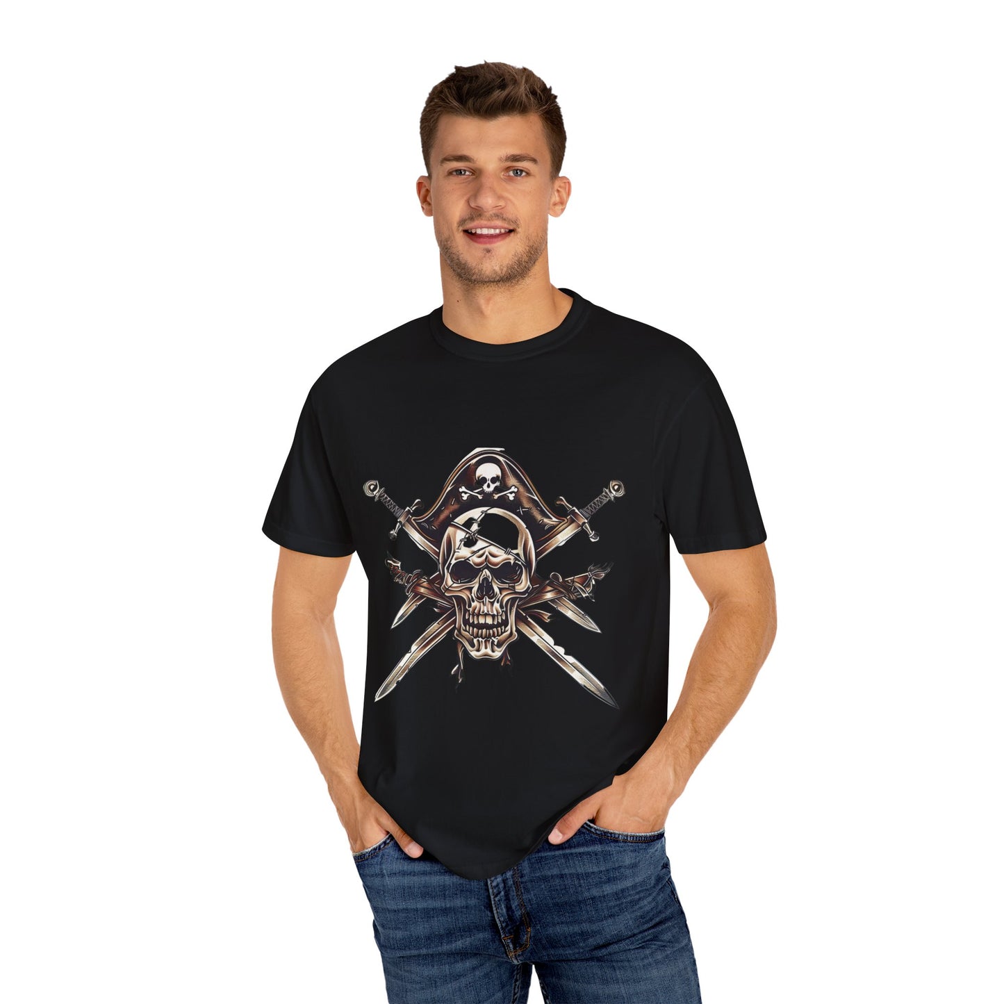 Pirate Skull and Crossed Swords Graphic Tee | Edgy Black Crew Neck T-Shirt | XCalibre Designs