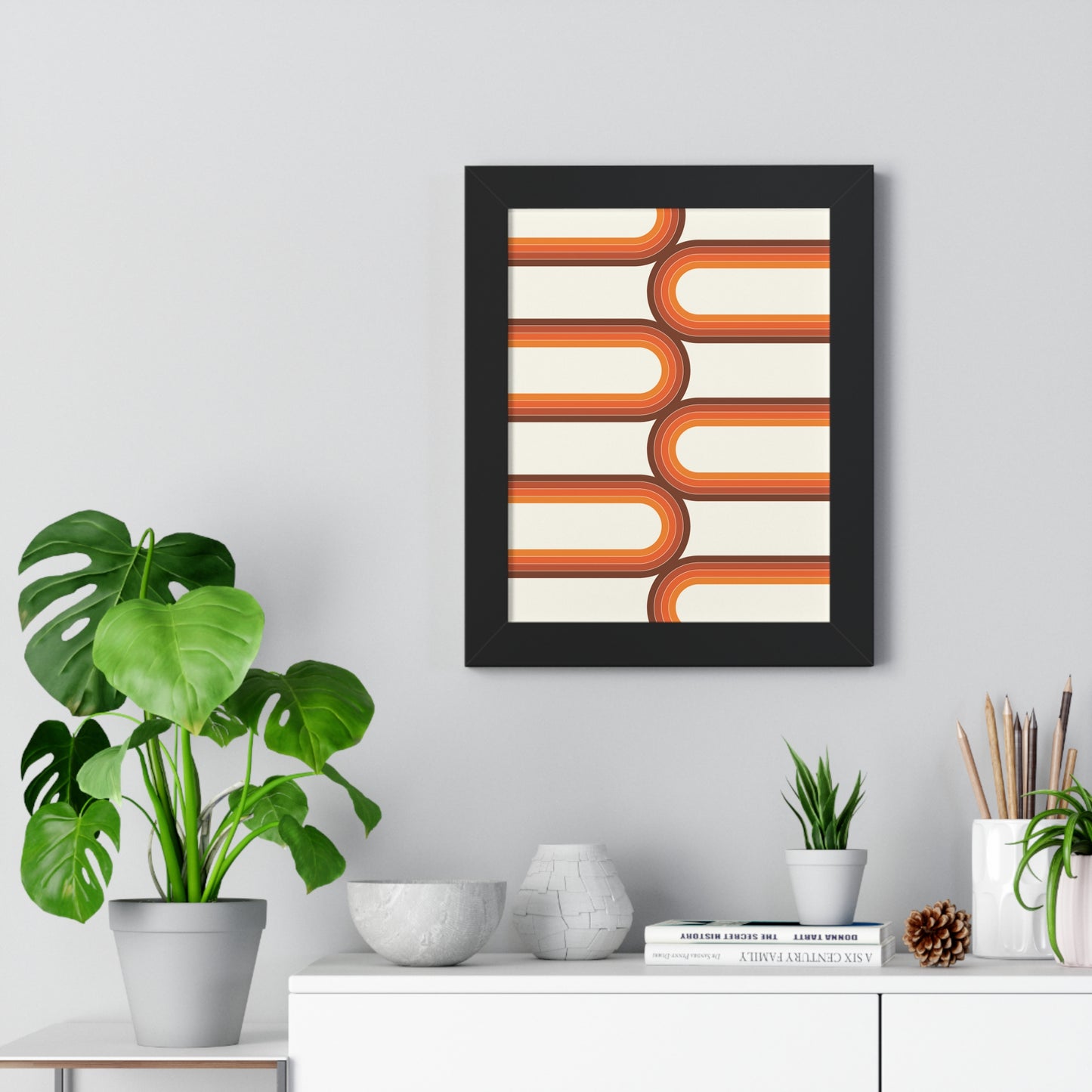 Retro Groove Orange Waves Art Print | 70s Inspired Wavy Wall Art | XCalibre Designs | Framed Vertical Poster