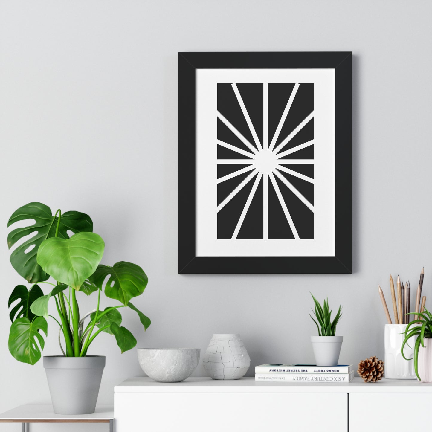 Black and White Starburst Art Print | Modern Abstract Radiant Wall Art | XCalibre Designs | Framed Vertical Poster