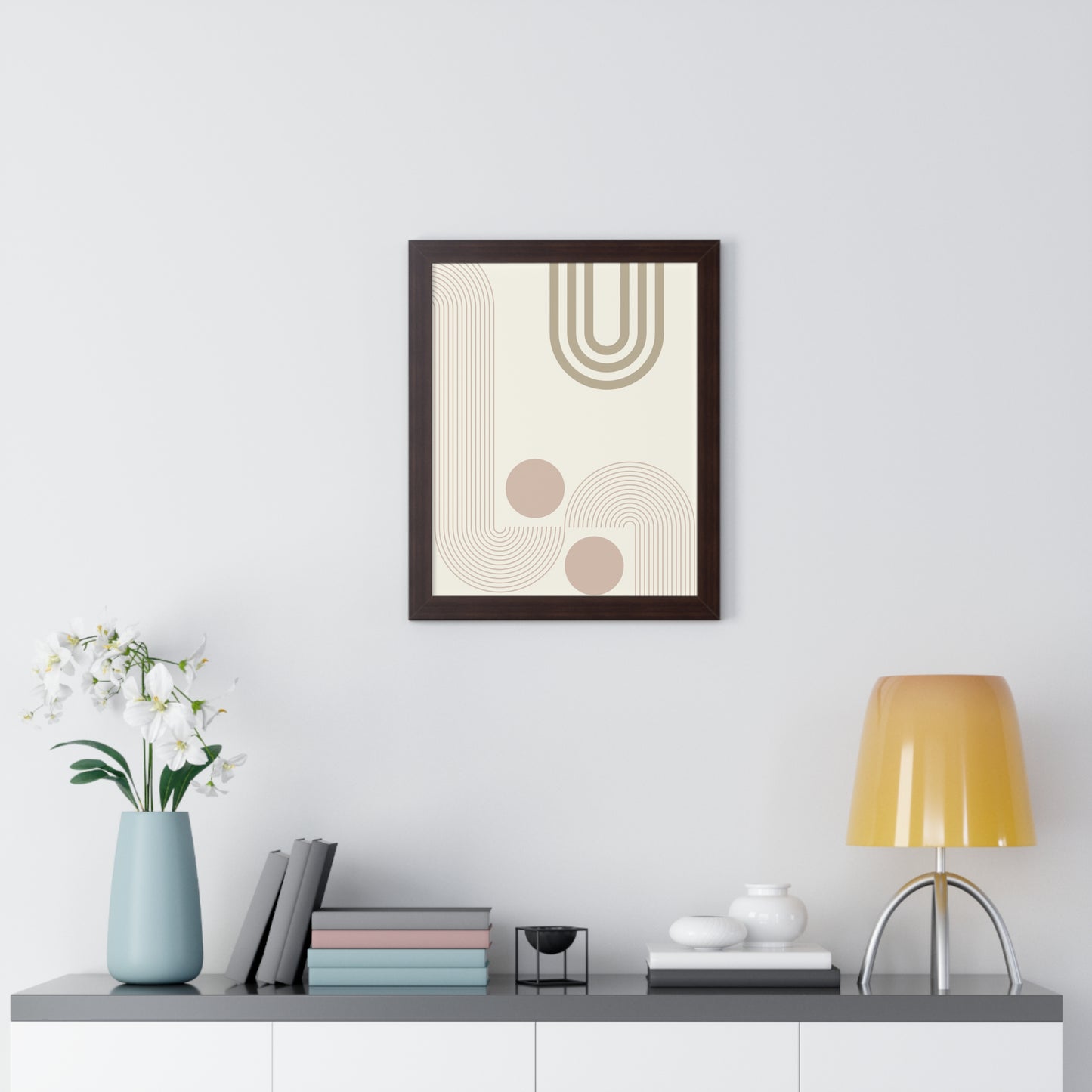 Neutral Abstract Lines and Circles Art Print | Modern Minimalist Wall Art | XCalibre Designs | Framed Vertical Poster