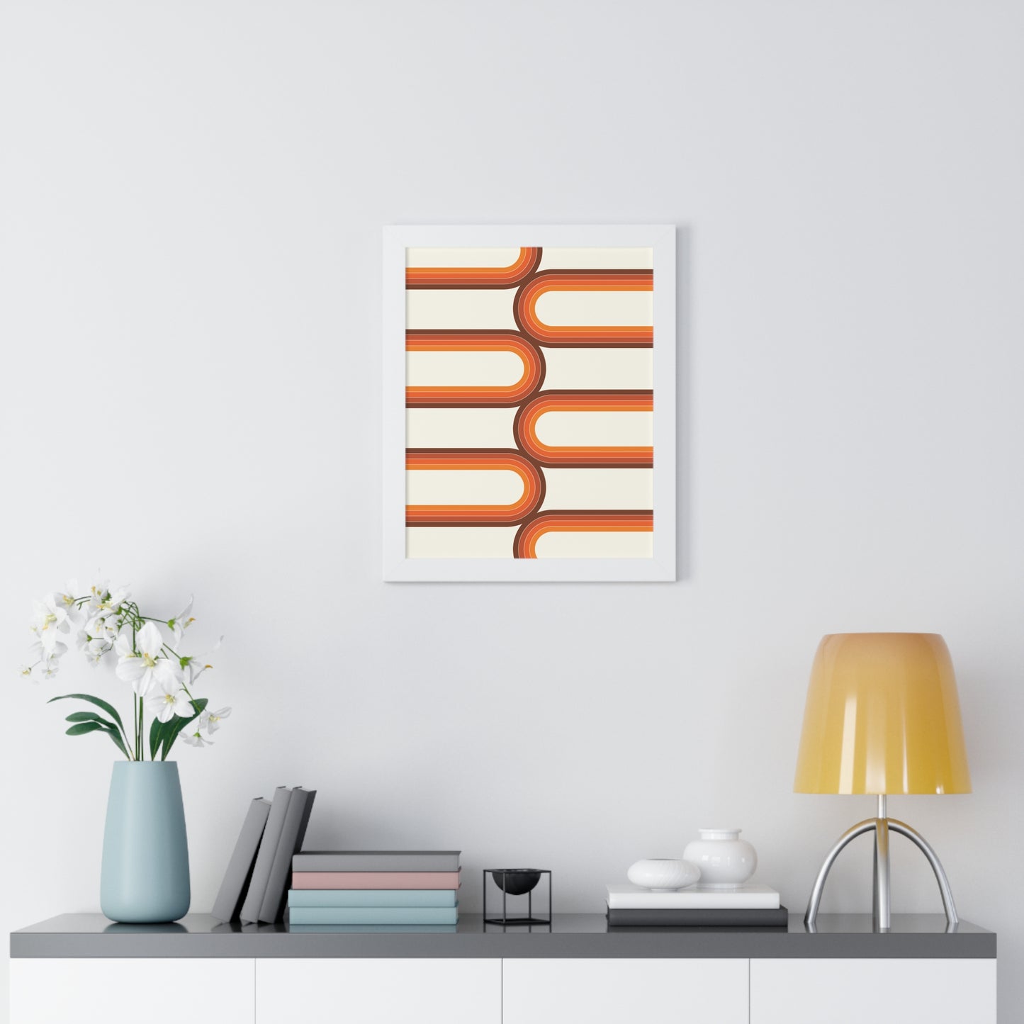 Retro Groove Orange Waves Art Print | 70s Inspired Wavy Wall Art | XCalibre Designs | Framed Vertical Poster