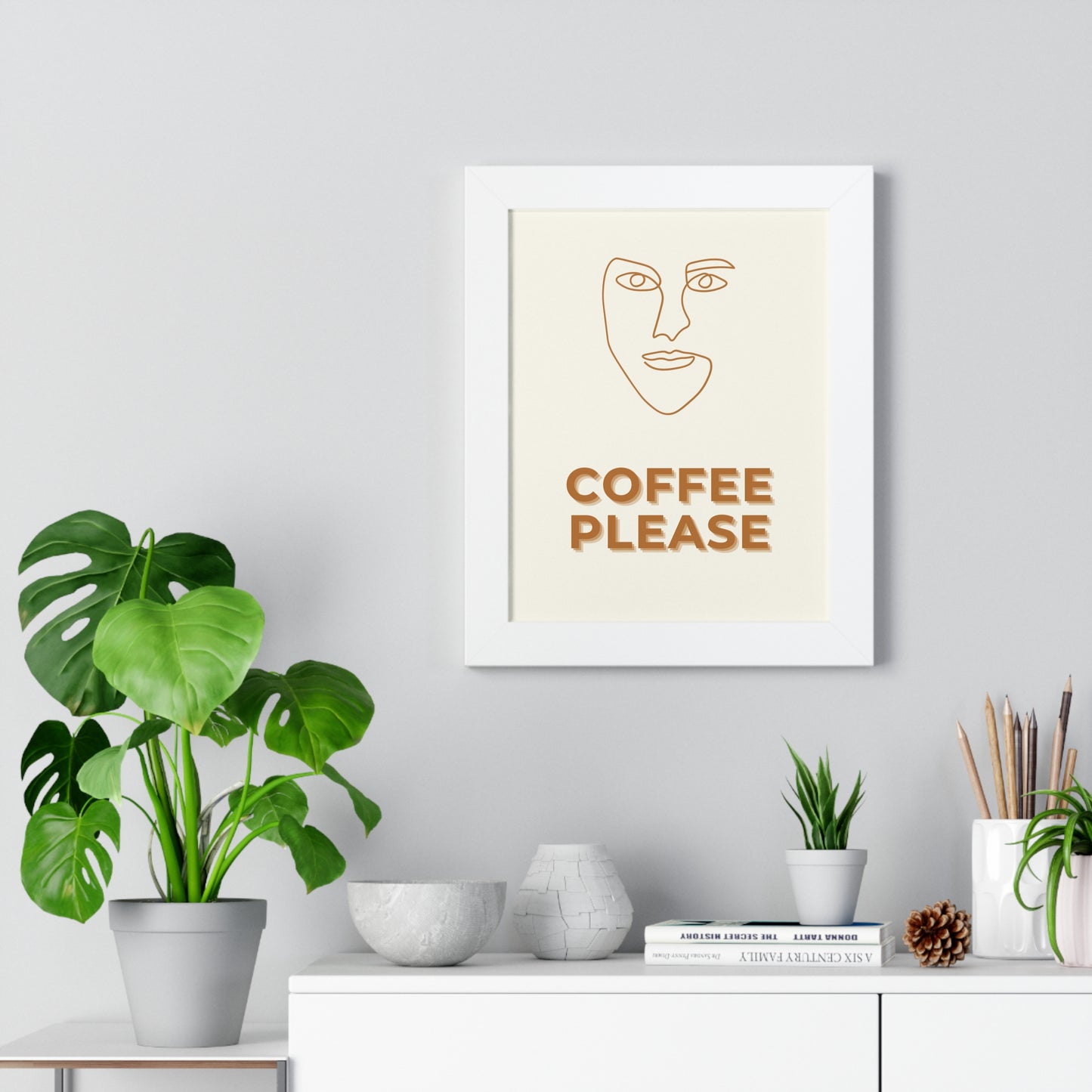 Abstract Face Line Art Coffee Print | Modern Cafe Decor Artwork | XCalibre Designs | Framed Vertical Poster