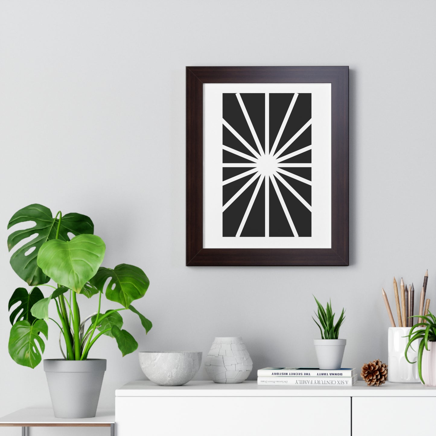 Black and White Starburst Art Print | Modern Abstract Radiant Wall Art | XCalibre Designs | Framed Vertical Poster