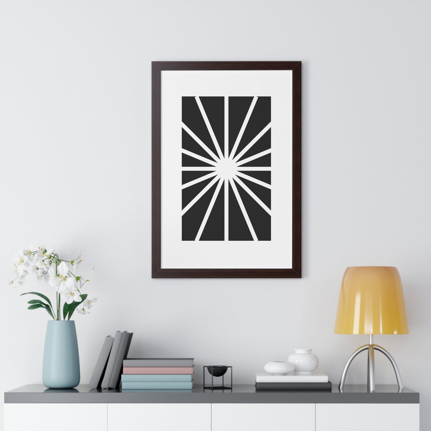 Black and White Starburst Art Print | Modern Abstract Radiant Wall Art | XCalibre Designs | Framed Vertical Poster