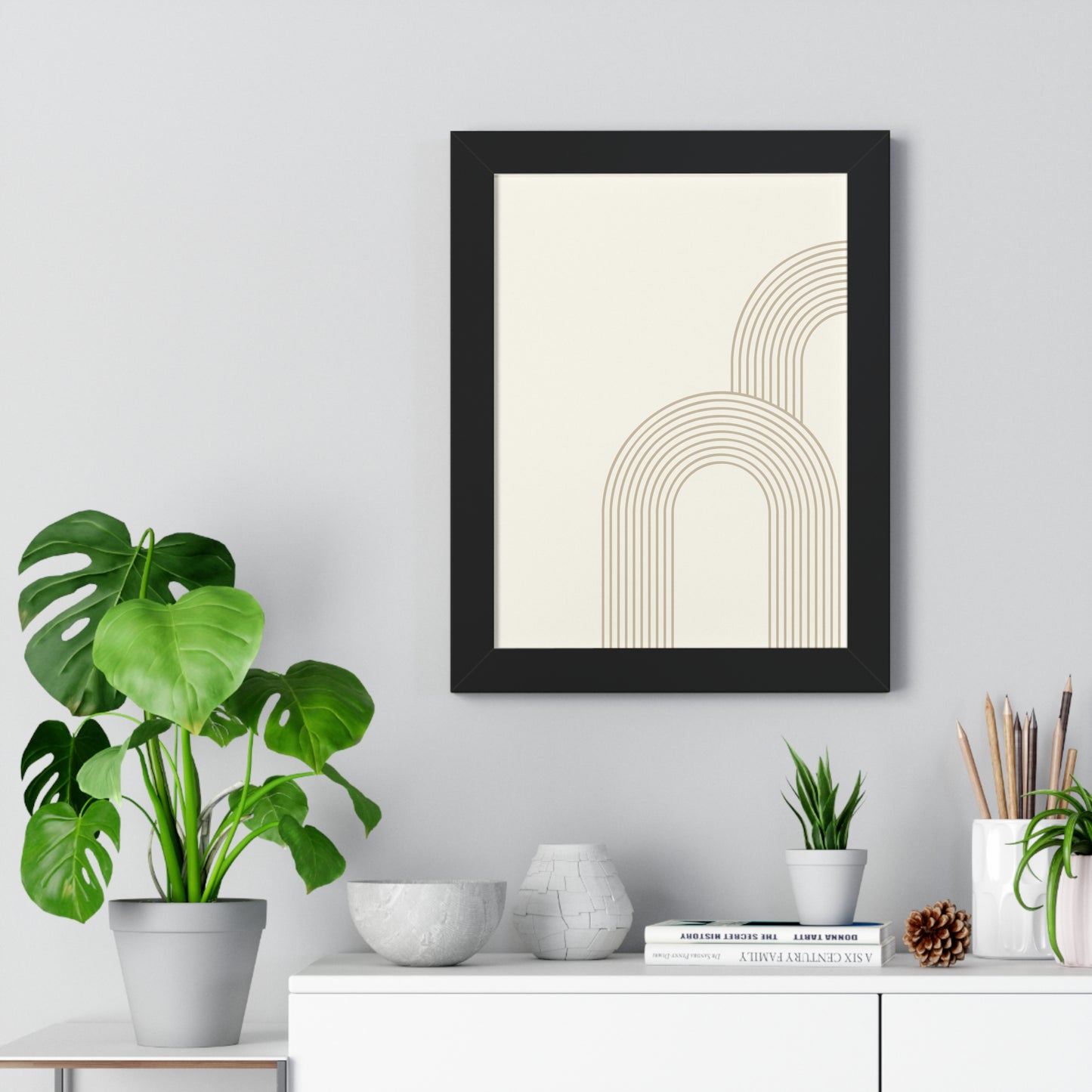 Minimalist Beige Arch Line Art Print | Contemporary Geometric Wall Art | XCalibre Designs | Framed Vertical Poster