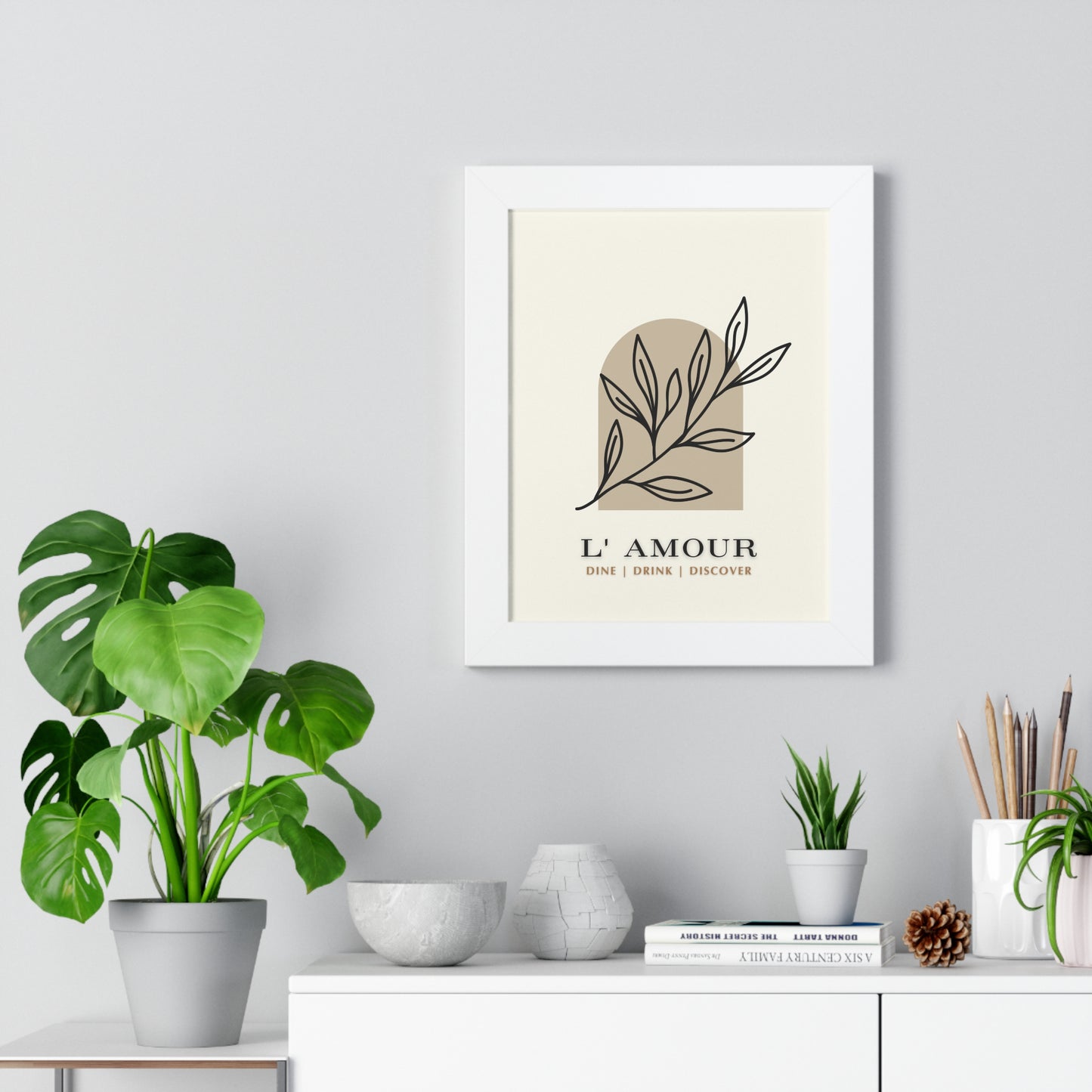 Chic 'L'Amour' Botanical Print | Sophisticated Leaf Silhouette Art | XCalibre Designs | Framed Vertical Poster