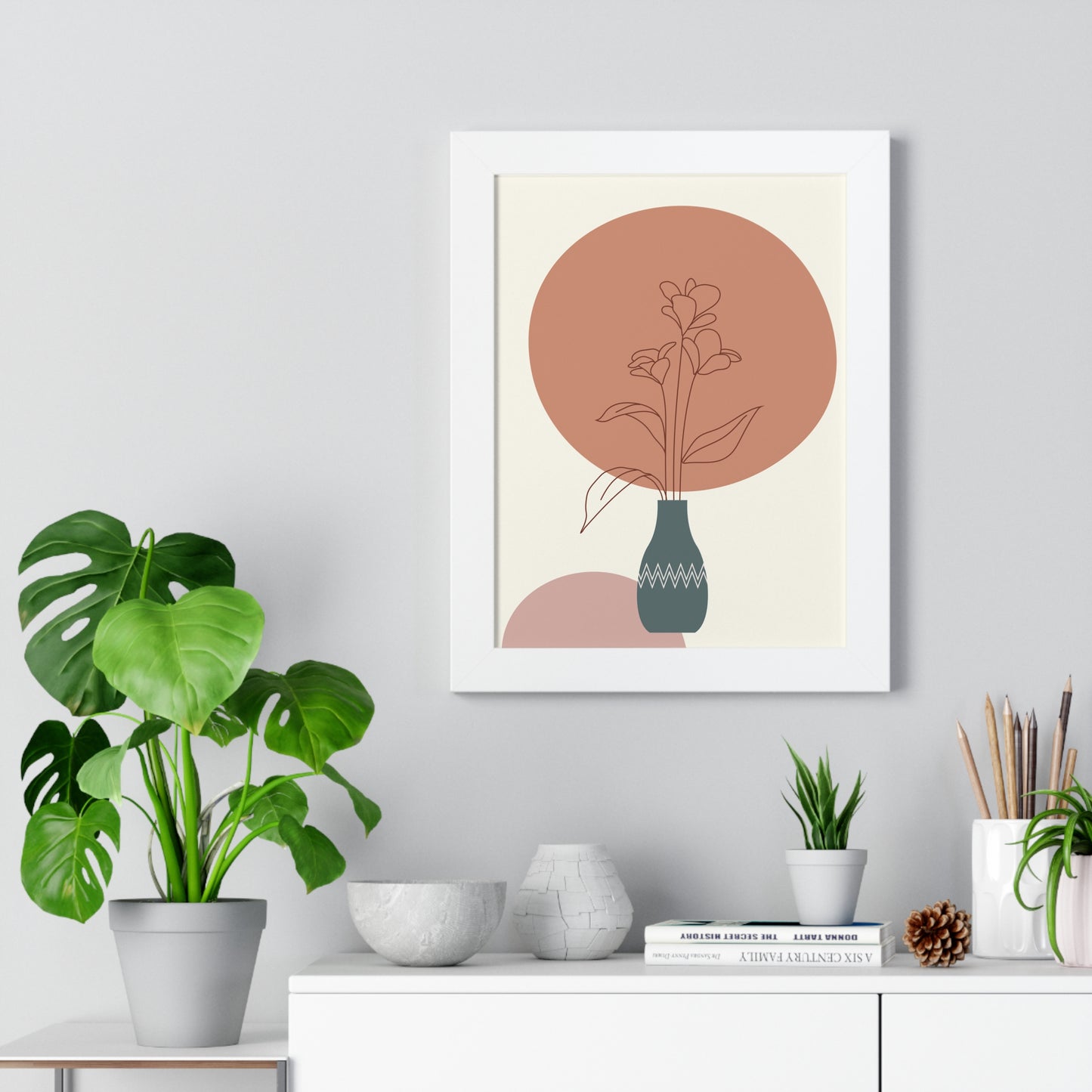 Decorative Vase with Blooms Art Print | Earthy Toned Botanical Illustration | XCalibre Designs | Framed Vertical Poster