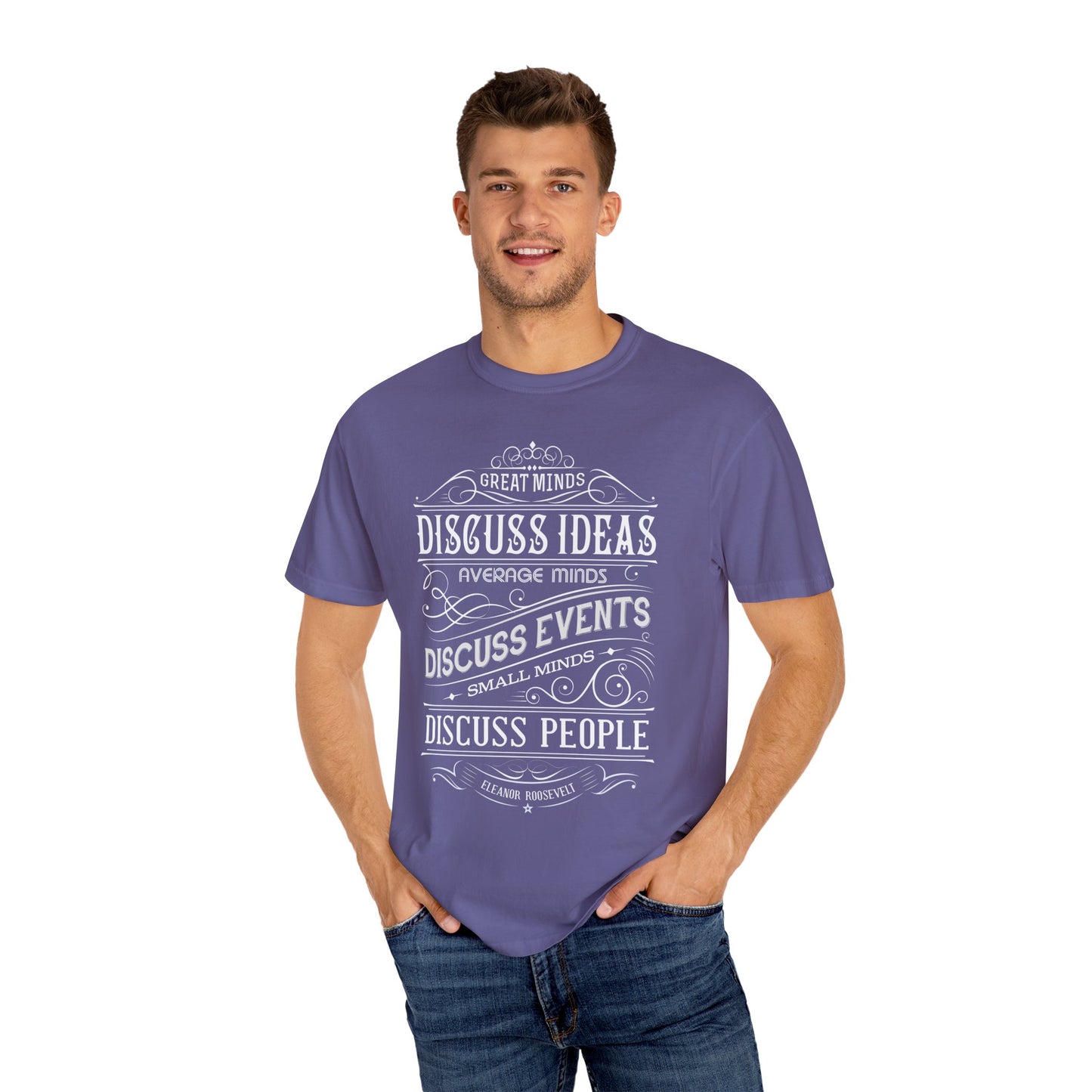 Philosophical Quote T-Shirt | 'Great Minds Discuss Ideas' Olive Green Tee | XCalibre Designs