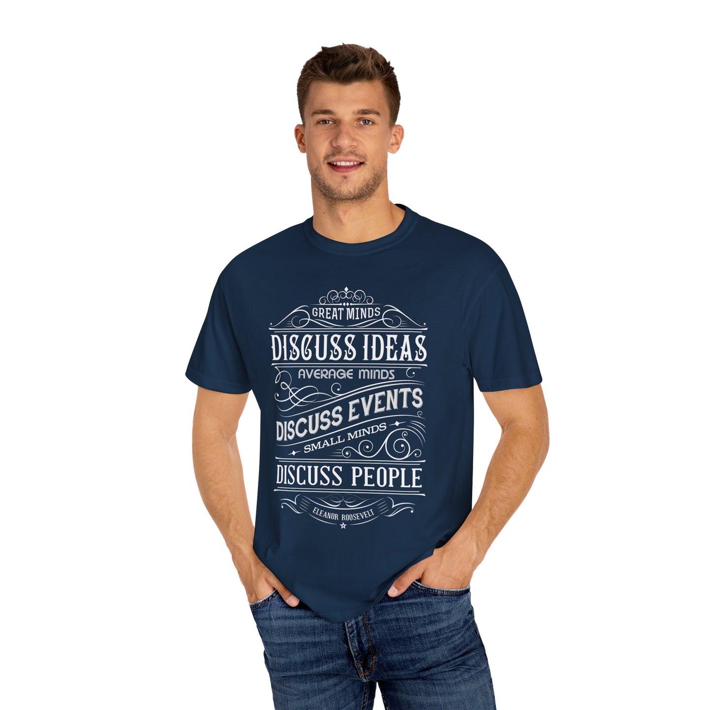 Philosophical Quote T-Shirt | 'Great Minds Discuss Ideas' Olive Green Tee | XCalibre Designs