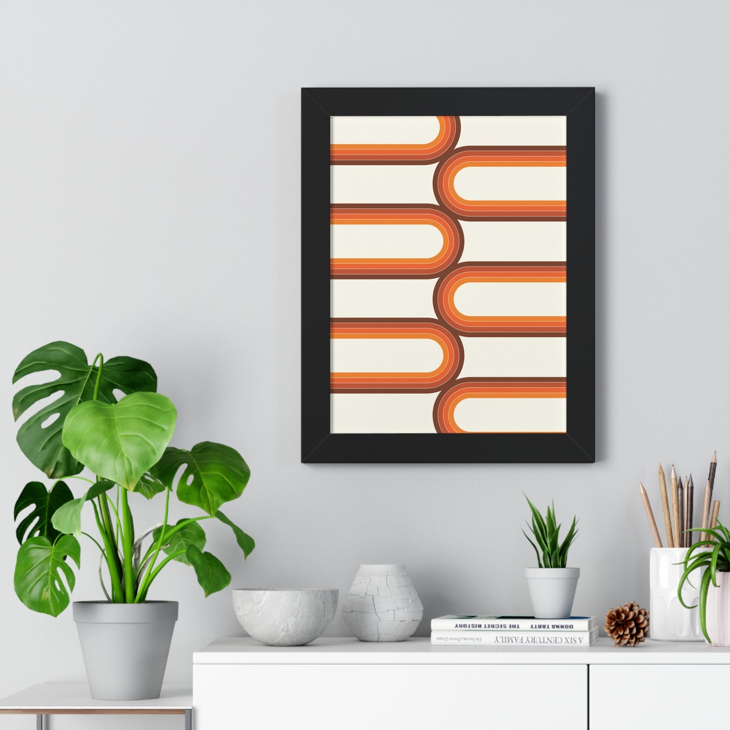 Retro Groove Orange Waves Art Print | 70s Inspired Wavy Wall Art | XCalibre Designs | Framed Vertical Poster