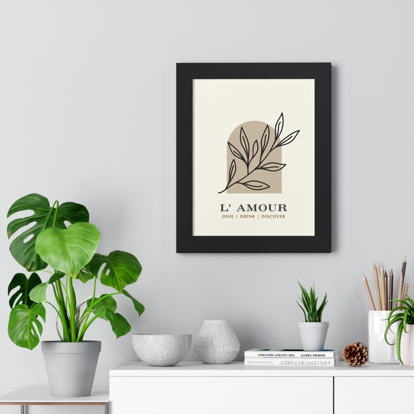 Chic 'L'Amour' Botanical Print | Sophisticated Leaf Silhouette Art | XCalibre Designs | Framed Vertical Poster