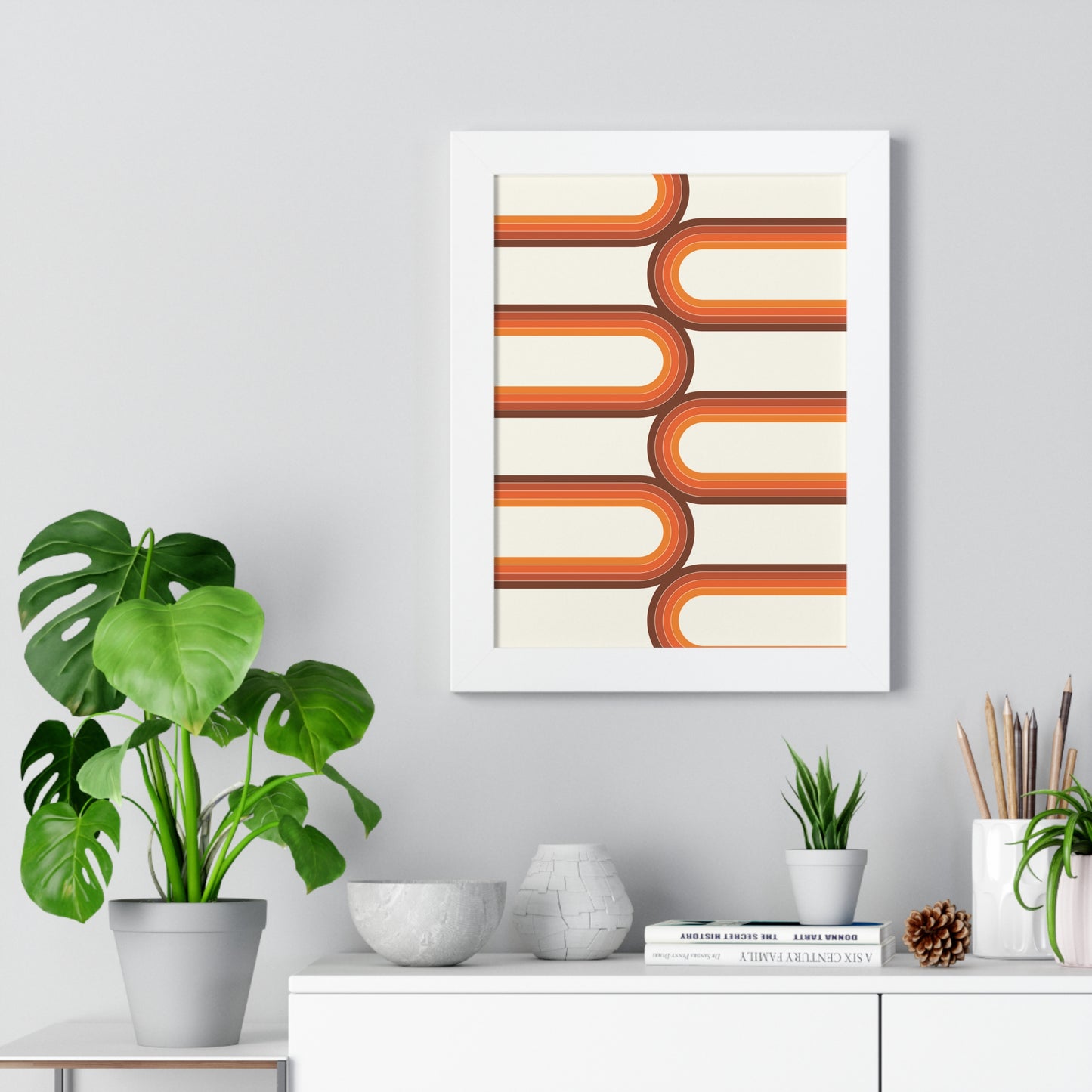 Retro Groove Orange Waves Art Print | 70s Inspired Wavy Wall Art | XCalibre Designs | Framed Vertical Poster