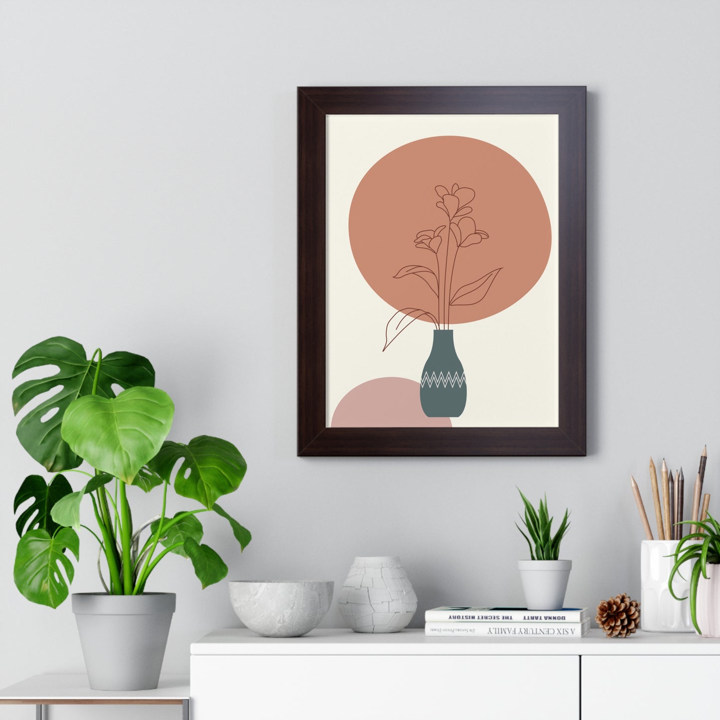 Decorative Vase with Blooms Art Print | Earthy Toned Botanical Illustration | XCalibre Designs | Framed Vertical Poster