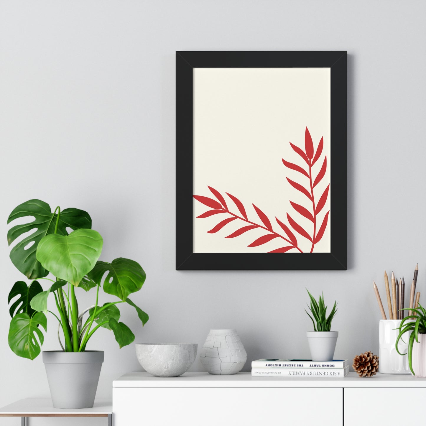 Minimalist Red Fern Leaf Art Print | Modern Botanical Wall Decor | XCalibre Designs | Framed Vertical Poster