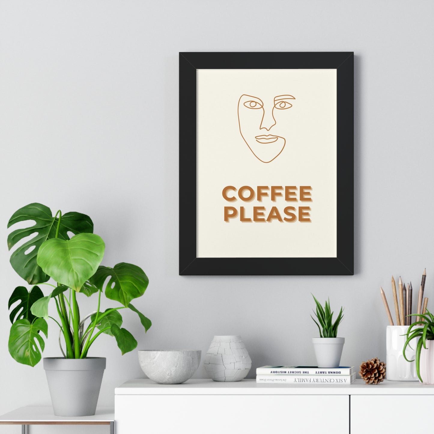 Abstract Face Line Art Coffee Print | Modern Cafe Decor Artwork | XCalibre Designs | Framed Vertical Poster