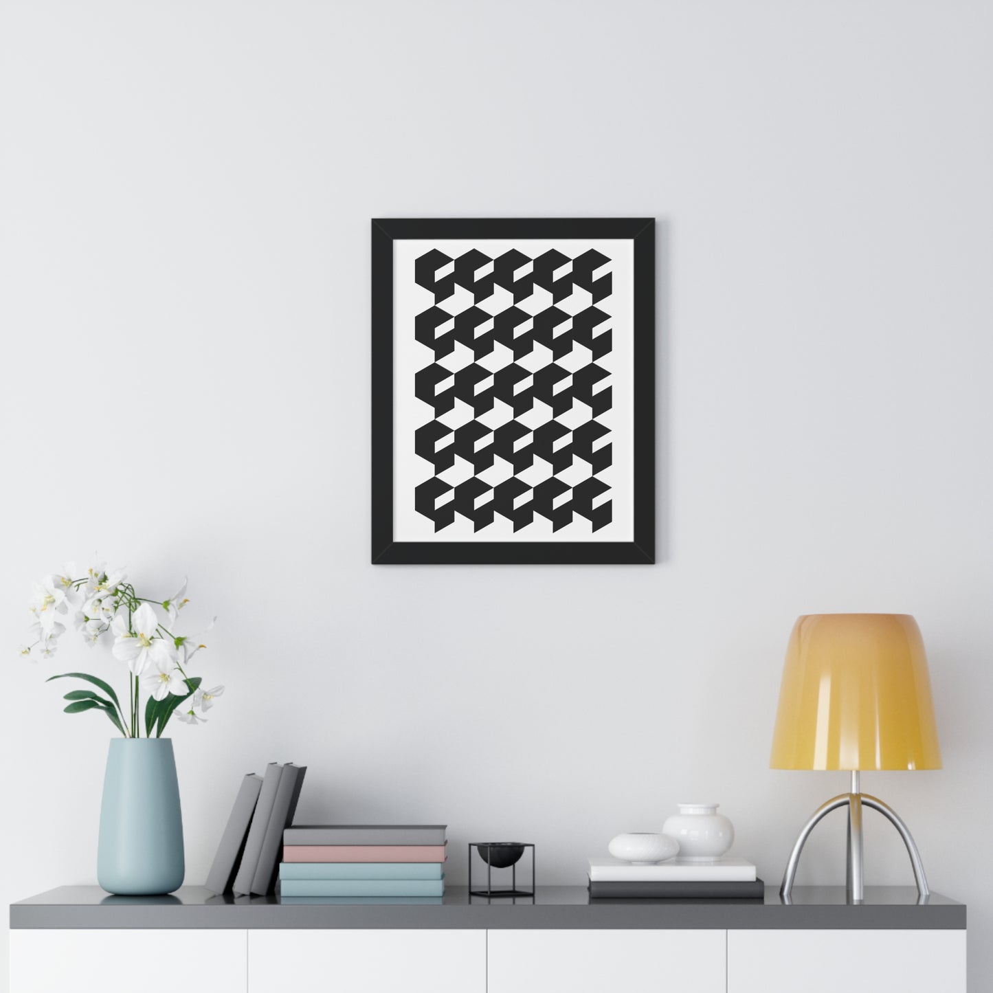 Optical Illusion Cubes Art Print | Black and White Geometric Wall Art | XCalibre Designs | Framed Vertical Poster