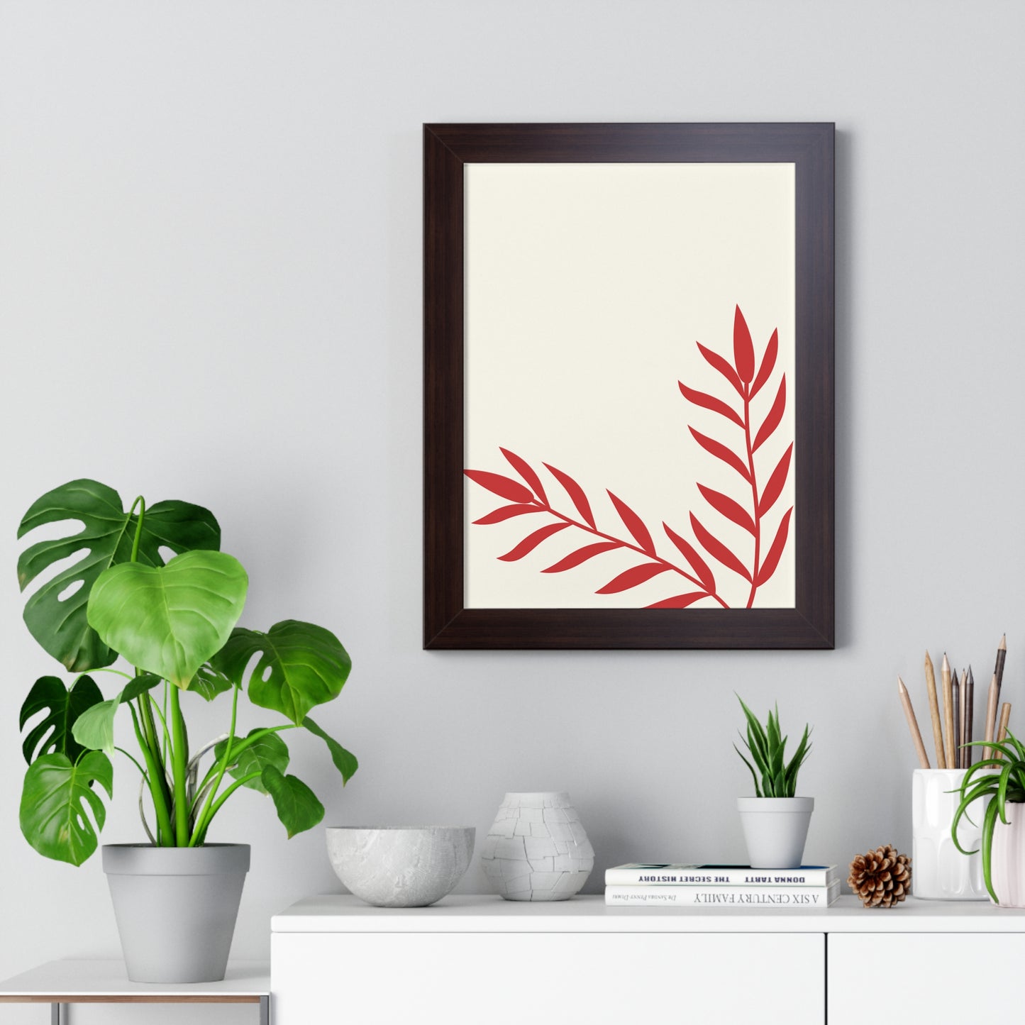 Minimalist Red Fern Leaf Art Print | Modern Botanical Wall Decor | XCalibre Designs | Framed Vertical Poster