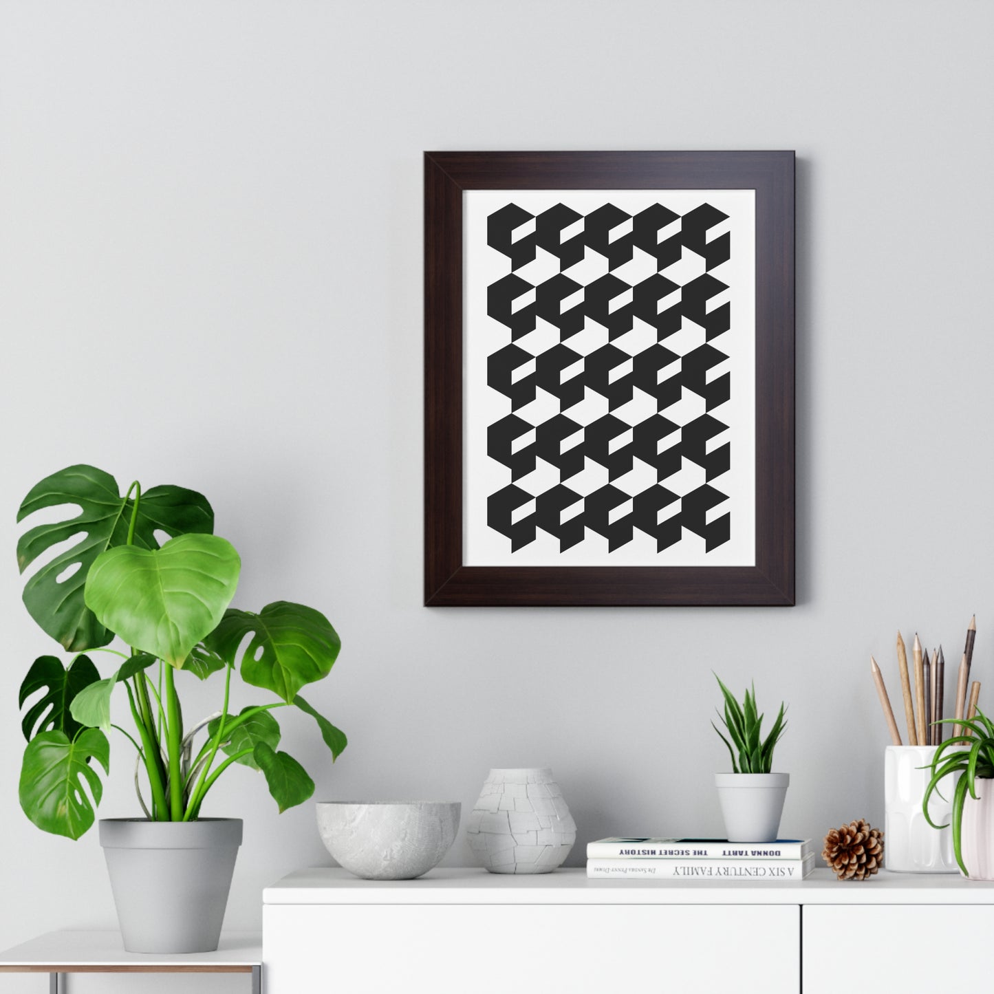 Optical Illusion Cubes Art Print | Black and White Geometric Wall Art | XCalibre Designs | Framed Vertical Poster