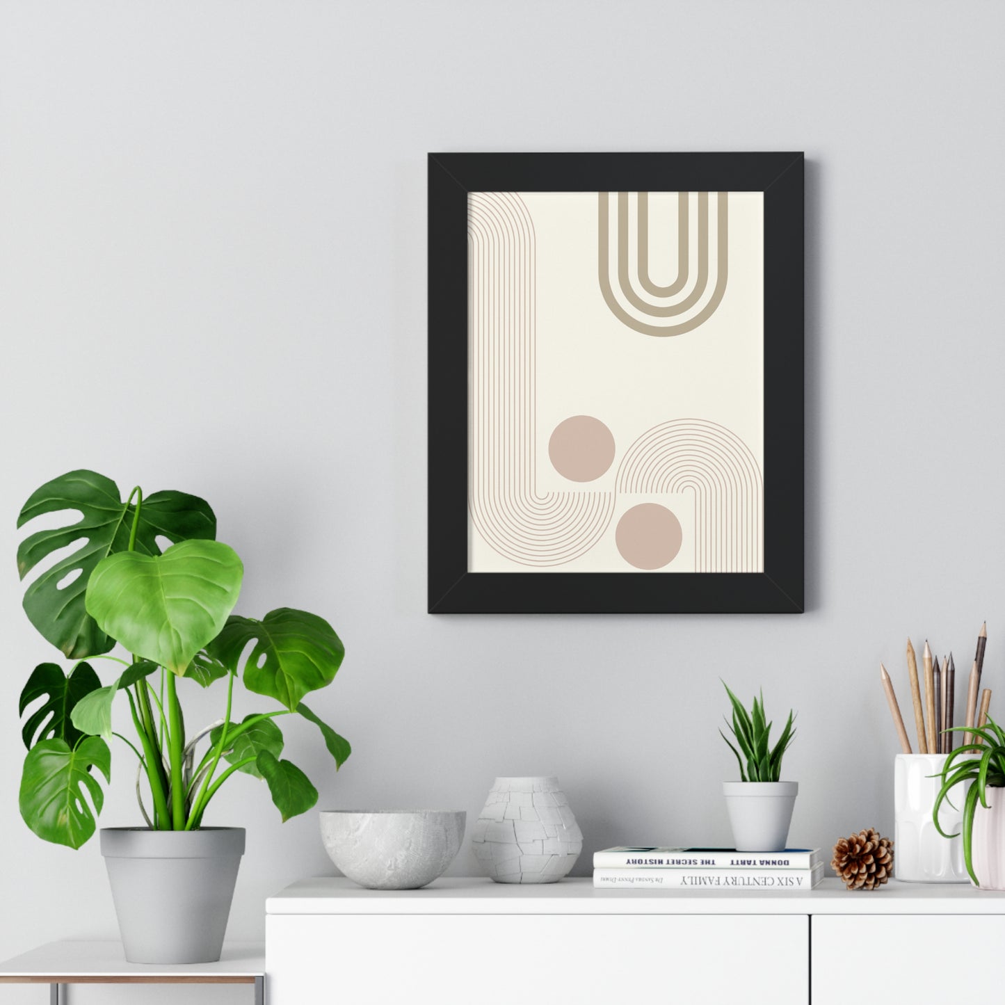 Neutral Abstract Lines and Circles Art Print | Modern Minimalist Wall Art | XCalibre Designs | Framed Vertical Poster