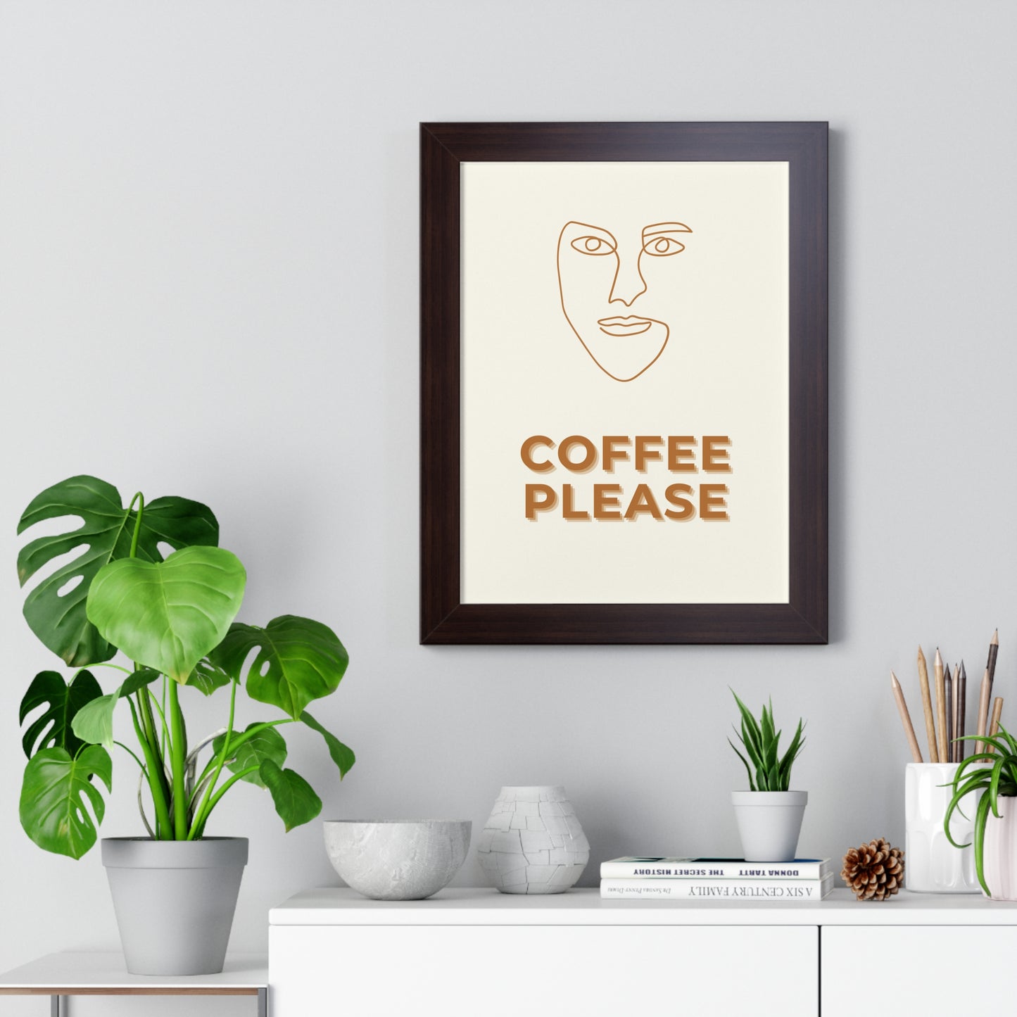 Abstract Face Line Art Coffee Print | Modern Cafe Decor Artwork | XCalibre Designs | Framed Vertical Poster