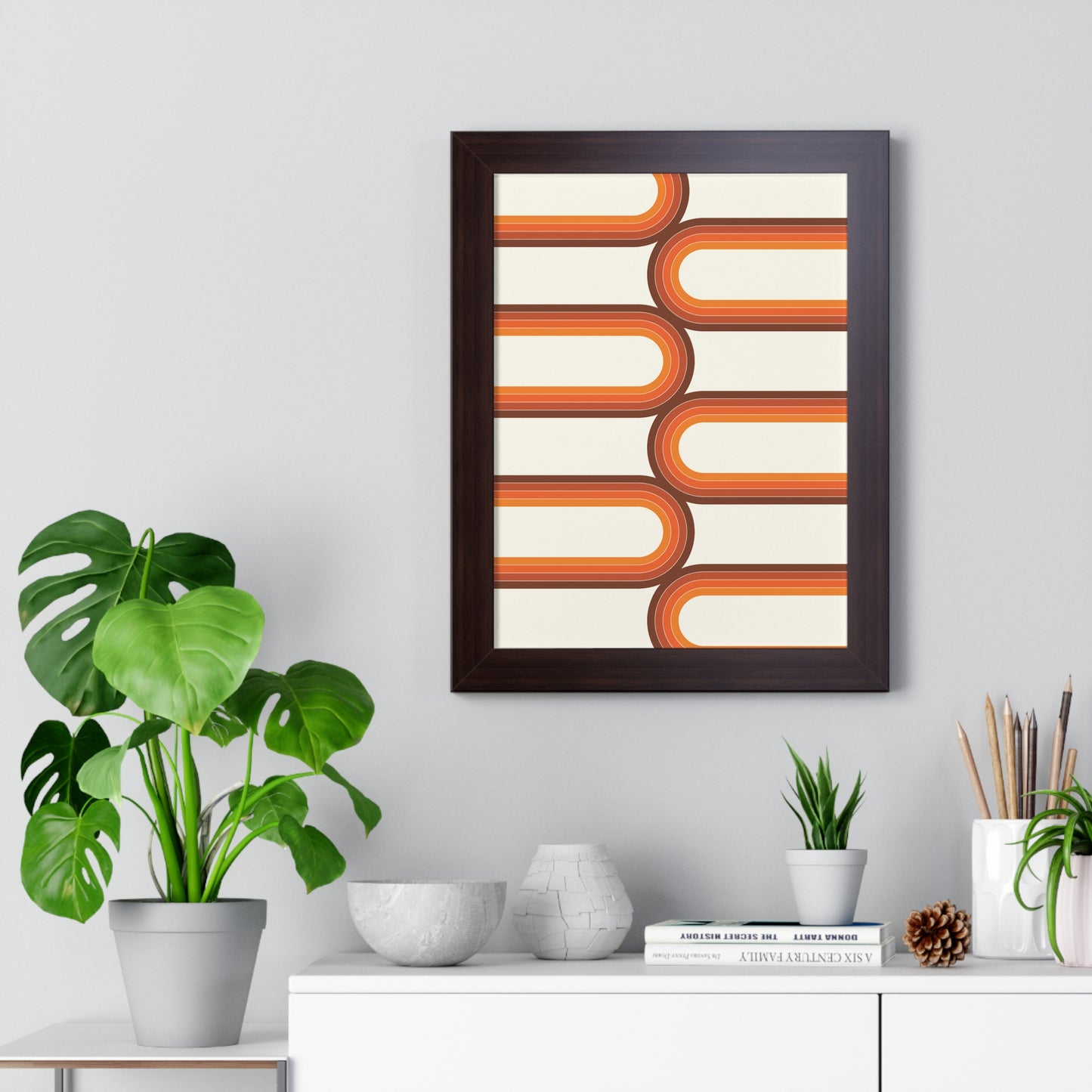 Retro Groove Orange Waves Art Print | 70s Inspired Wavy Wall Art | XCalibre Designs | Framed Vertical Poster