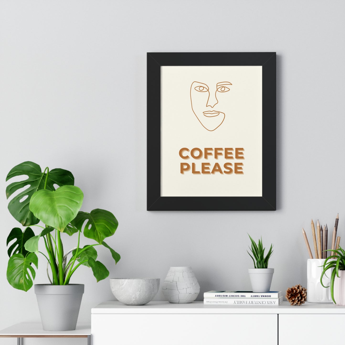 Abstract Face Line Art Coffee Print | Modern Cafe Decor Artwork | XCalibre Designs | Framed Vertical Poster