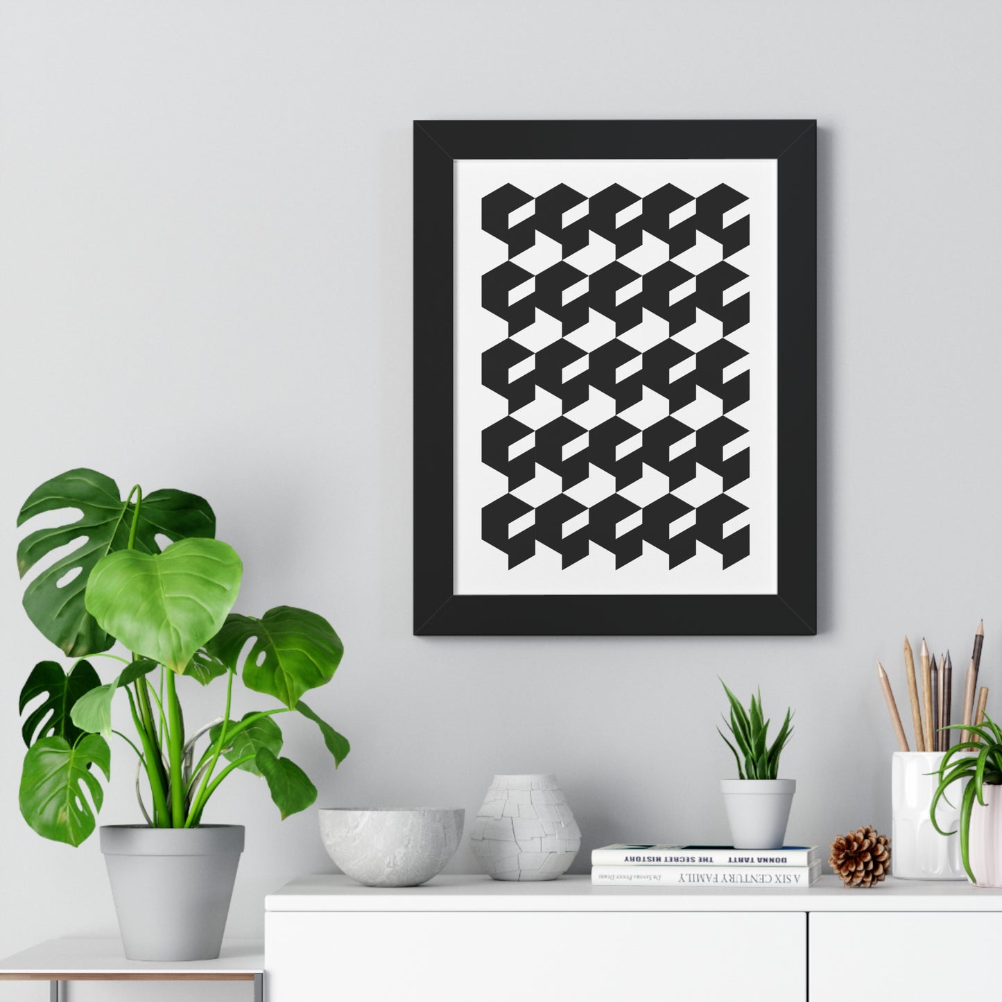 Optical Illusion Cubes Art Print | Black and White Geometric Wall Art | XCalibre Designs | Framed Vertical Poster