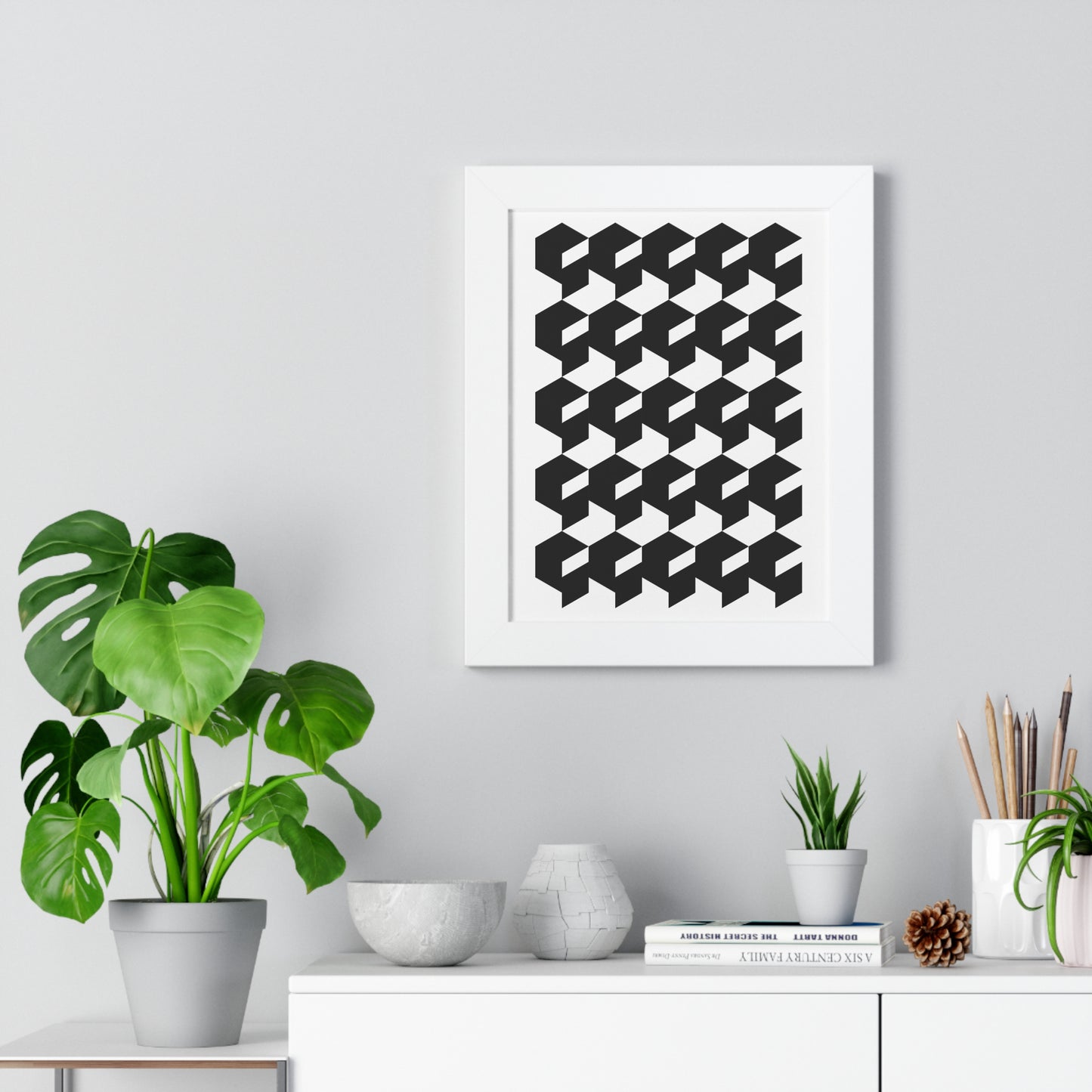 Optical Illusion Cubes Art Print | Black and White Geometric Wall Art | XCalibre Designs | Framed Vertical Poster