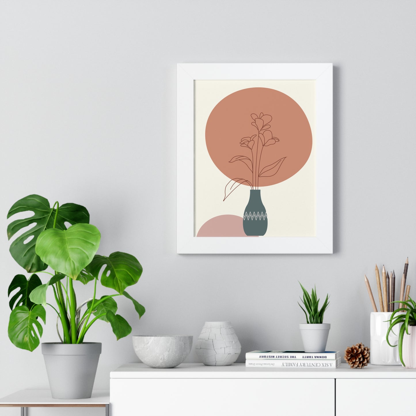 Decorative Vase with Blooms Art Print | Earthy Toned Botanical Illustration | XCalibre Designs | Framed Vertical Poster