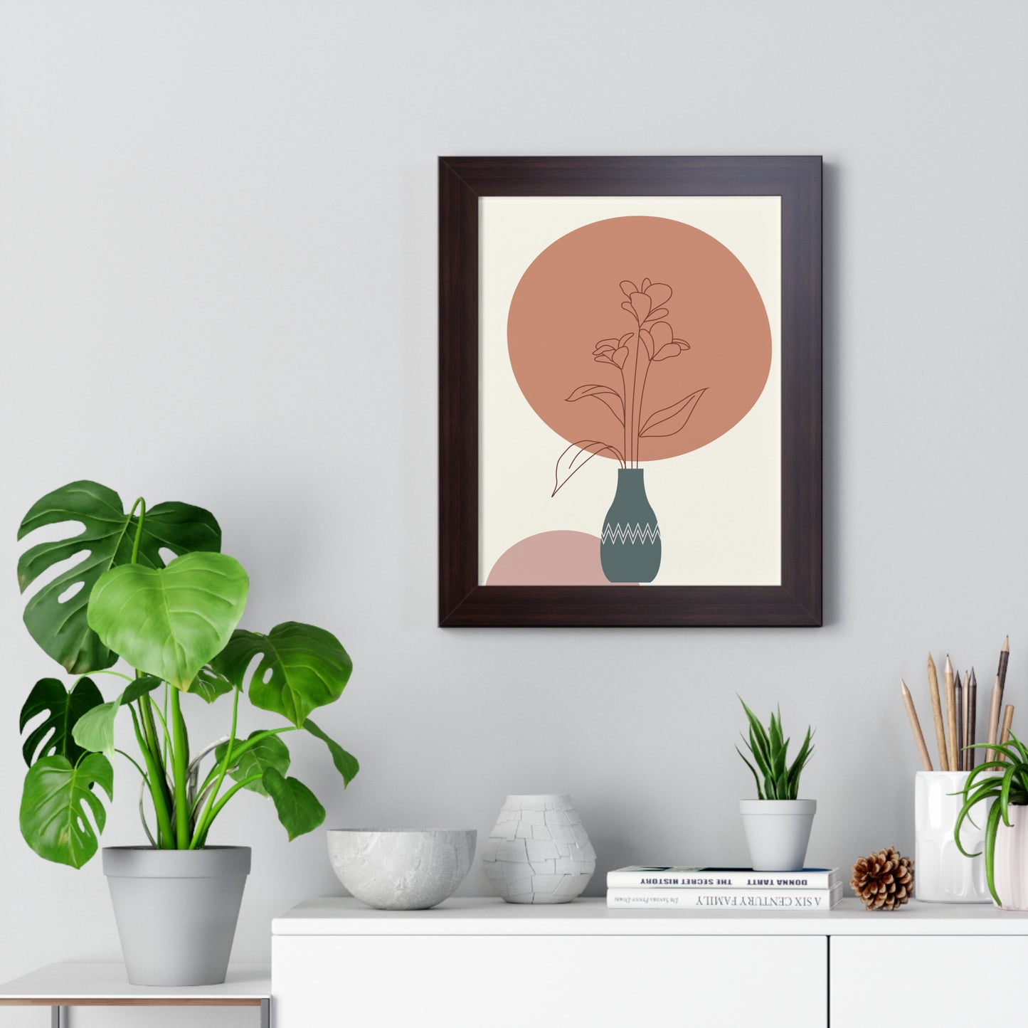 Decorative Vase with Blooms Art Print | Earthy Toned Botanical Illustration | XCalibre Designs | Framed Vertical Poster