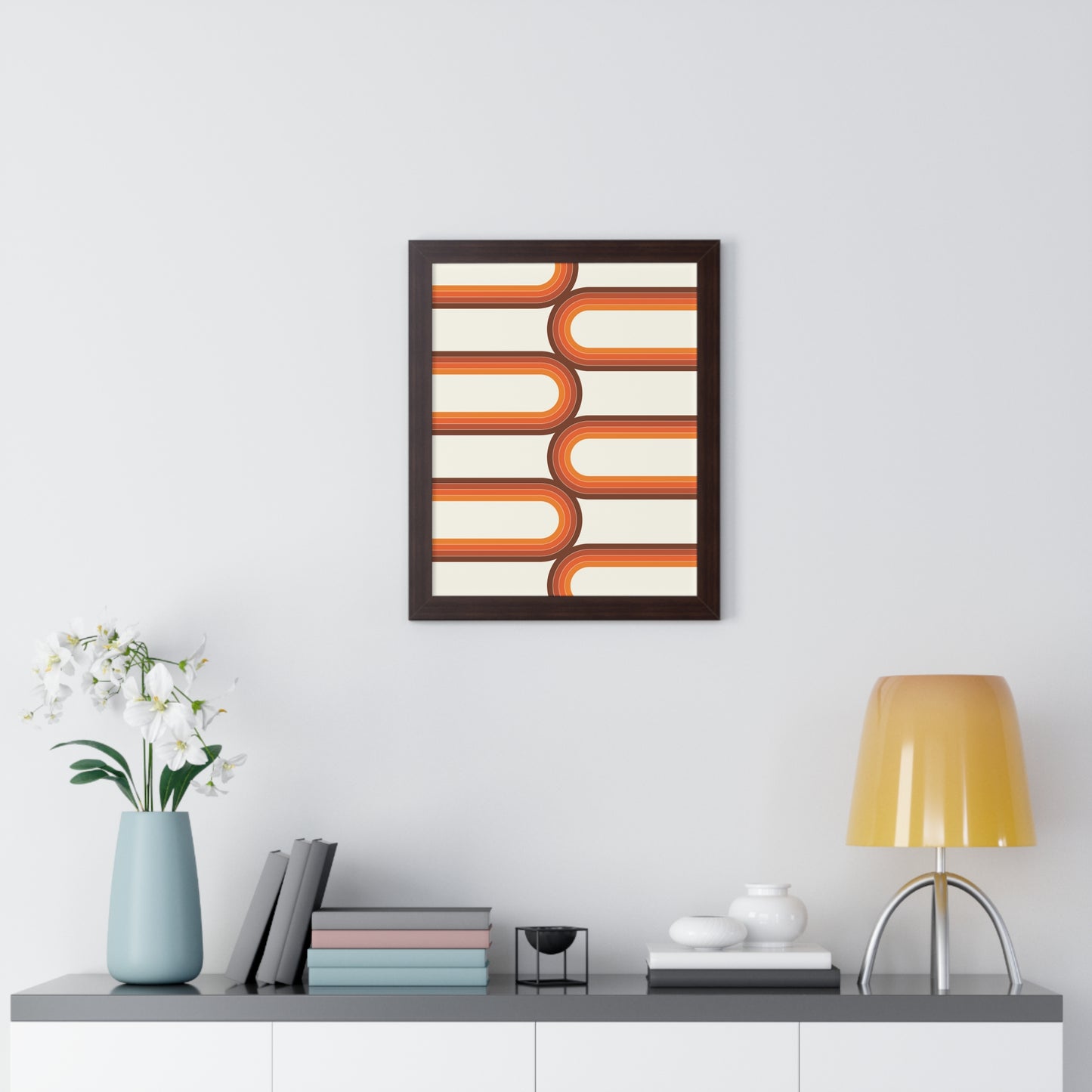 Retro Groove Orange Waves Art Print | 70s Inspired Wavy Wall Art | XCalibre Designs | Framed Vertical Poster