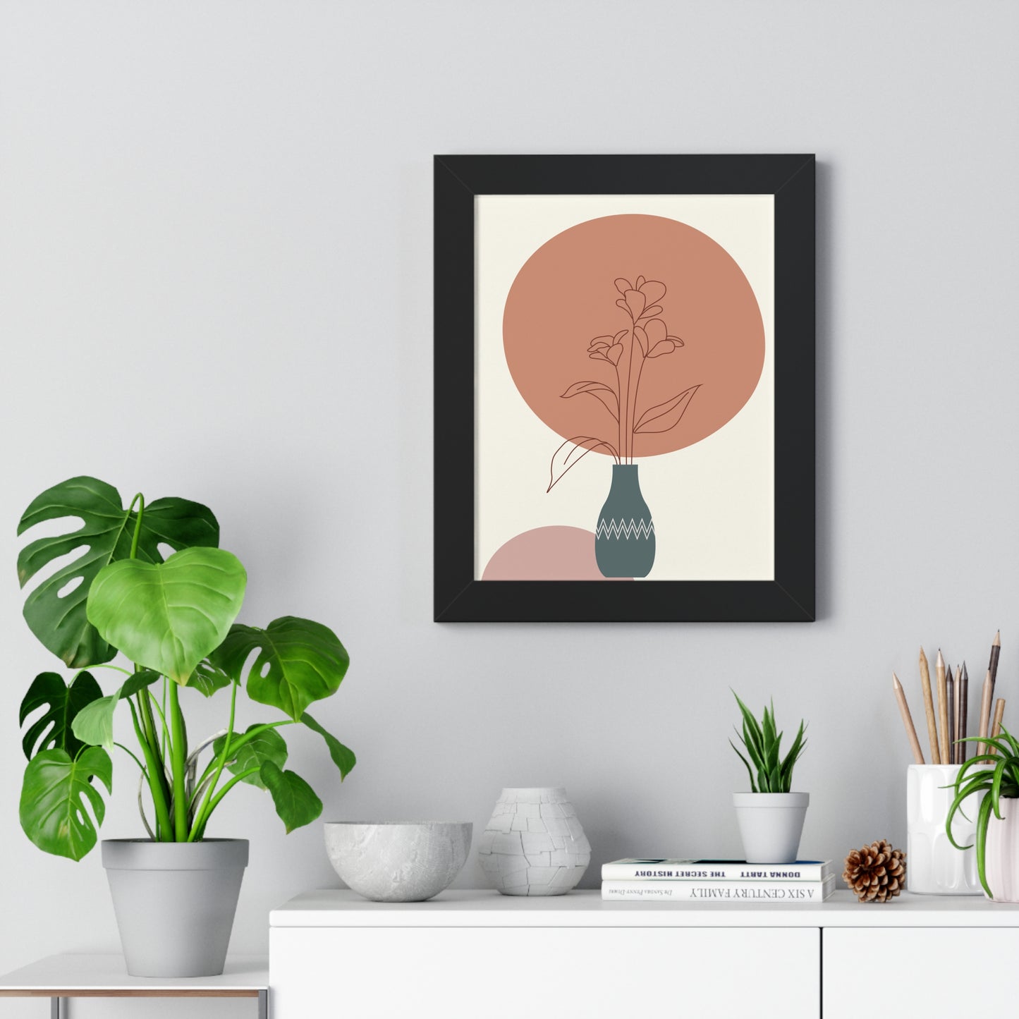 Decorative Vase with Blooms Art Print | Earthy Toned Botanical Illustration | XCalibre Designs | Framed Vertical Poster