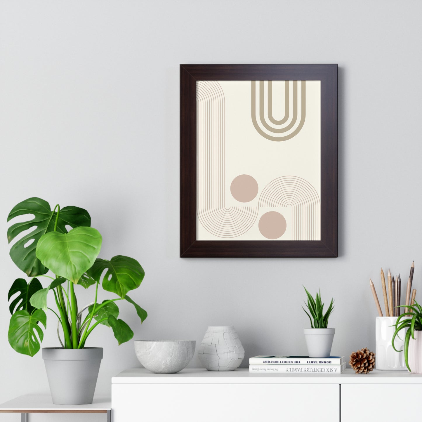 Neutral Abstract Lines and Circles Art Print | Modern Minimalist Wall Art | XCalibre Designs | Framed Vertical Poster