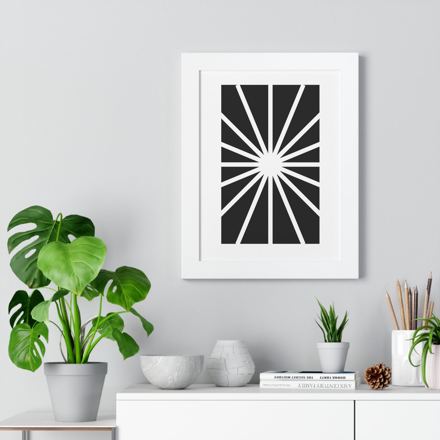 Black and White Starburst Art Print | Modern Abstract Radiant Wall Art | XCalibre Designs | Framed Vertical Poster