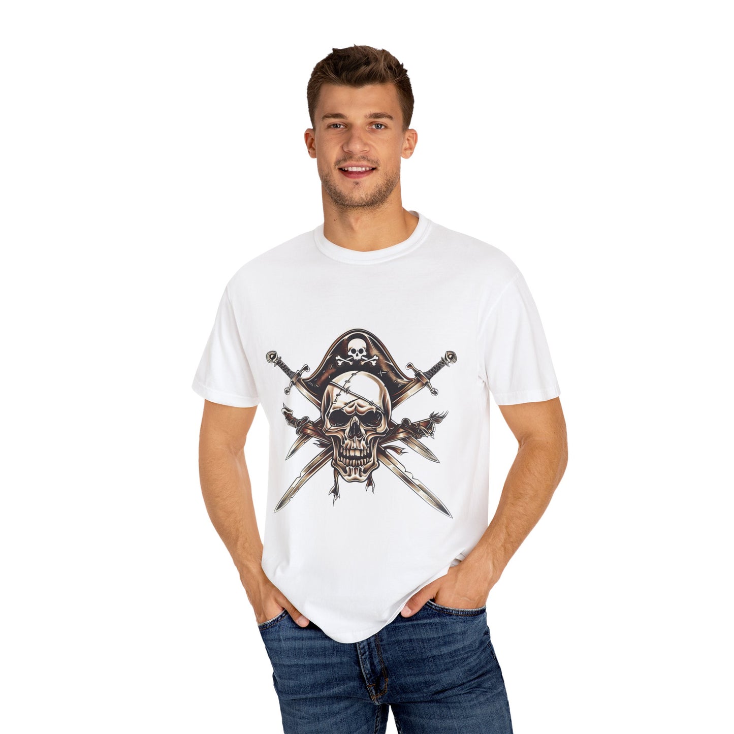 Pirate Skull and Crossed Swords Graphic Tee | Edgy Black Crew Neck T-Shirt | XCalibre Designs