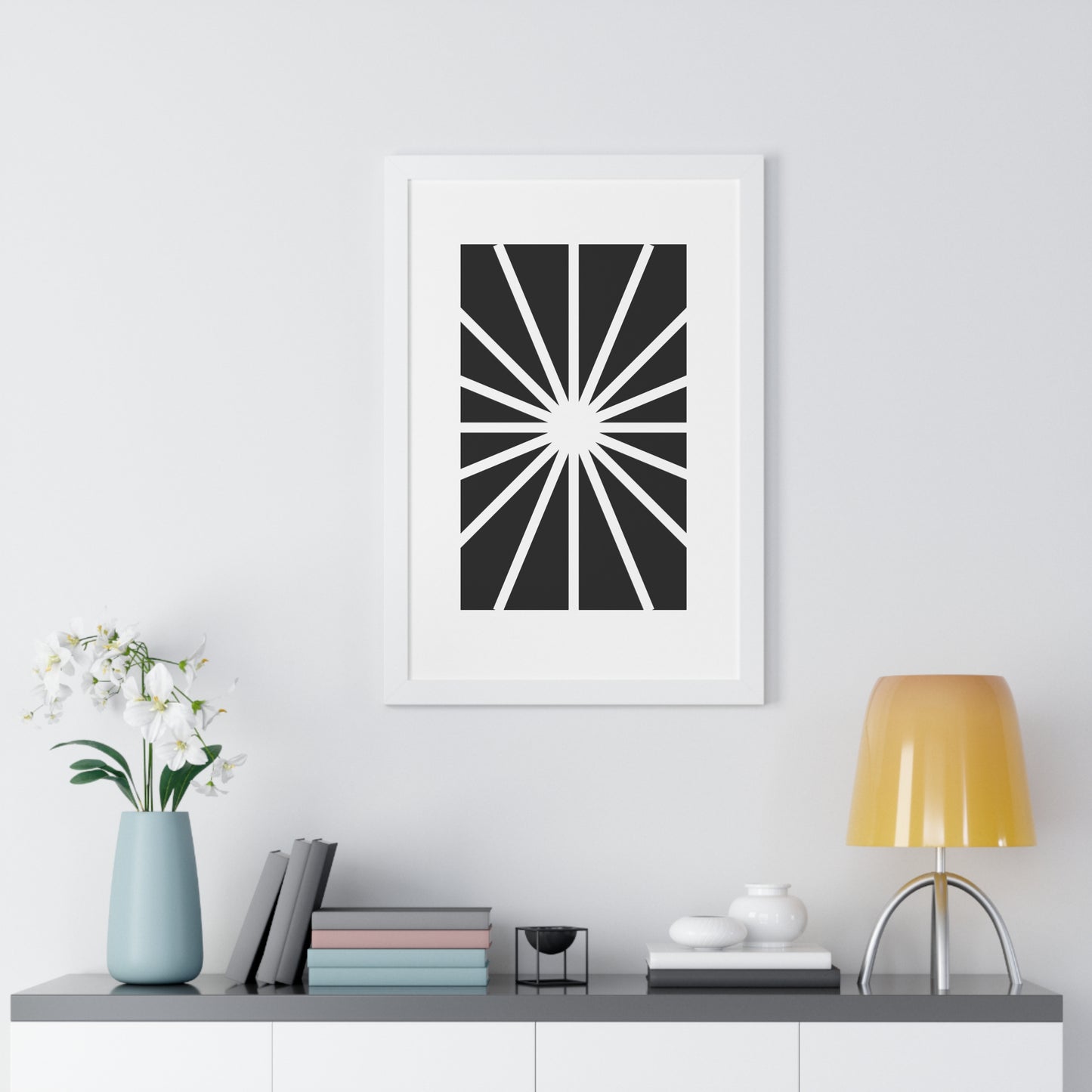 Black and White Starburst Art Print | Modern Abstract Radiant Wall Art | XCalibre Designs | Framed Vertical Poster